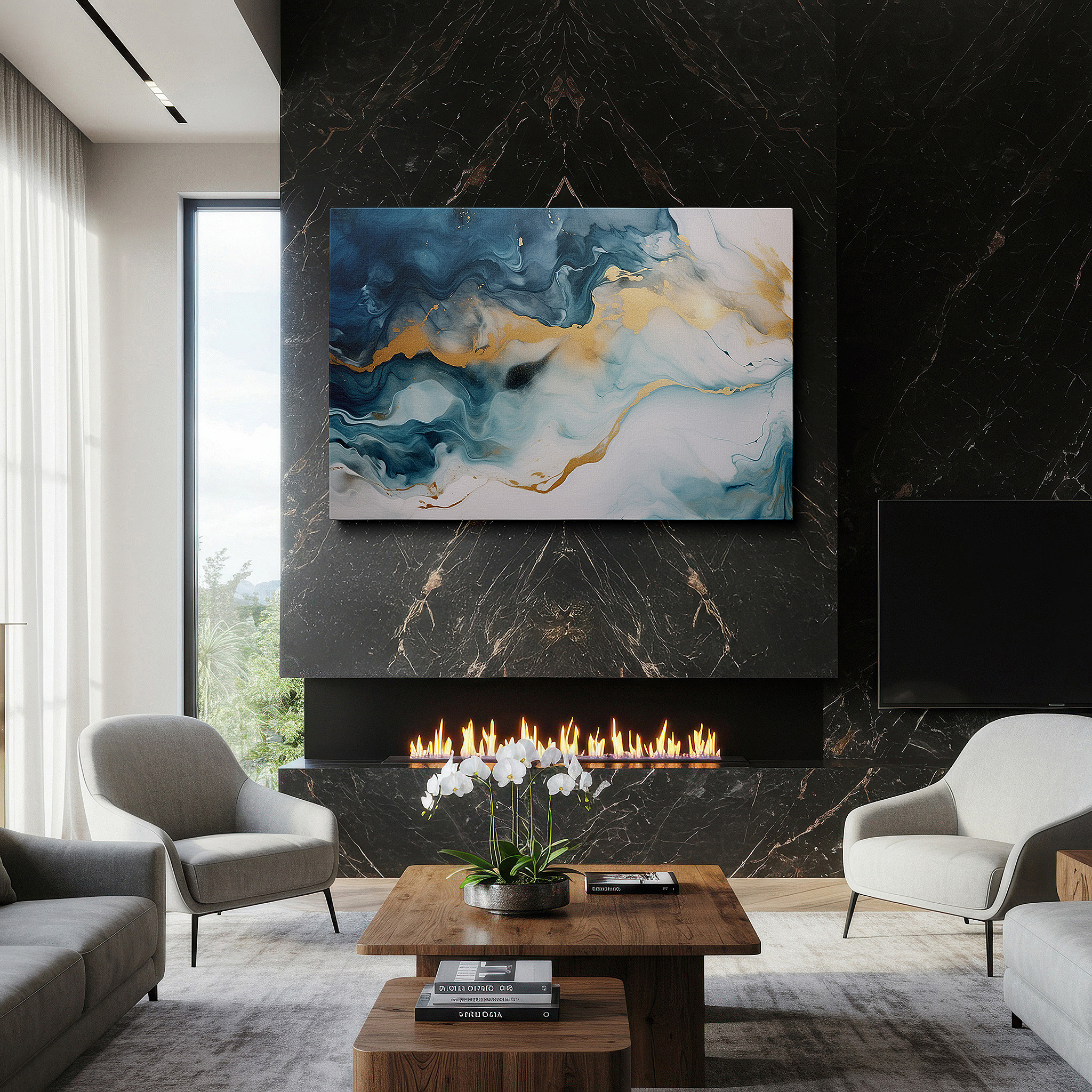Balanced between two tall indoor plants near a window — blue and gold fluid waves, embodying the serene beauty and depth of the ocean - large canvas wall art for home and office decor