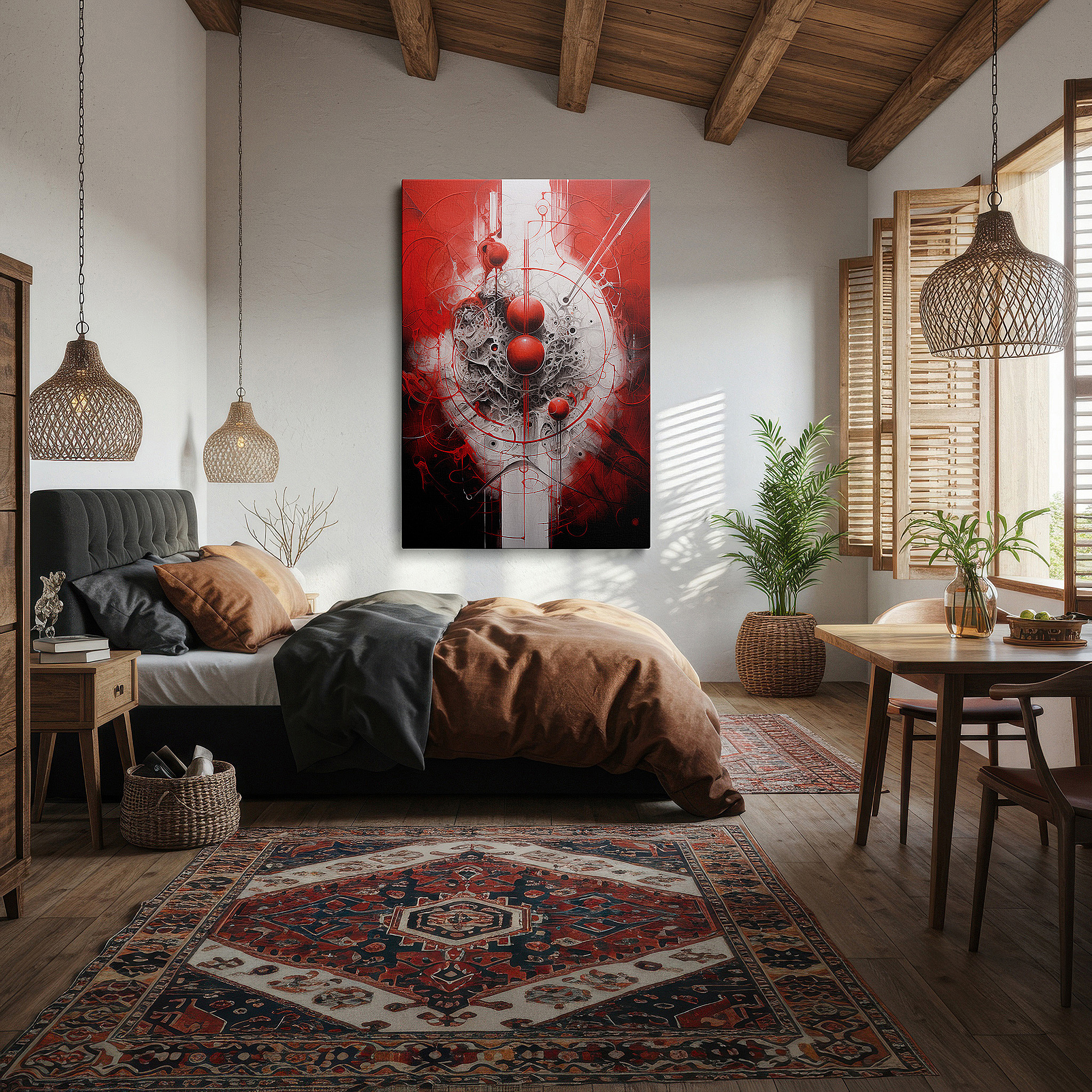 Balanced between two tall indoor plants near a window — bright reds and crisp whites swirl on the canvas, forming a concert of circular forms and abstract strokes, ideal for large wall art, canvas wall art, and wall decor.