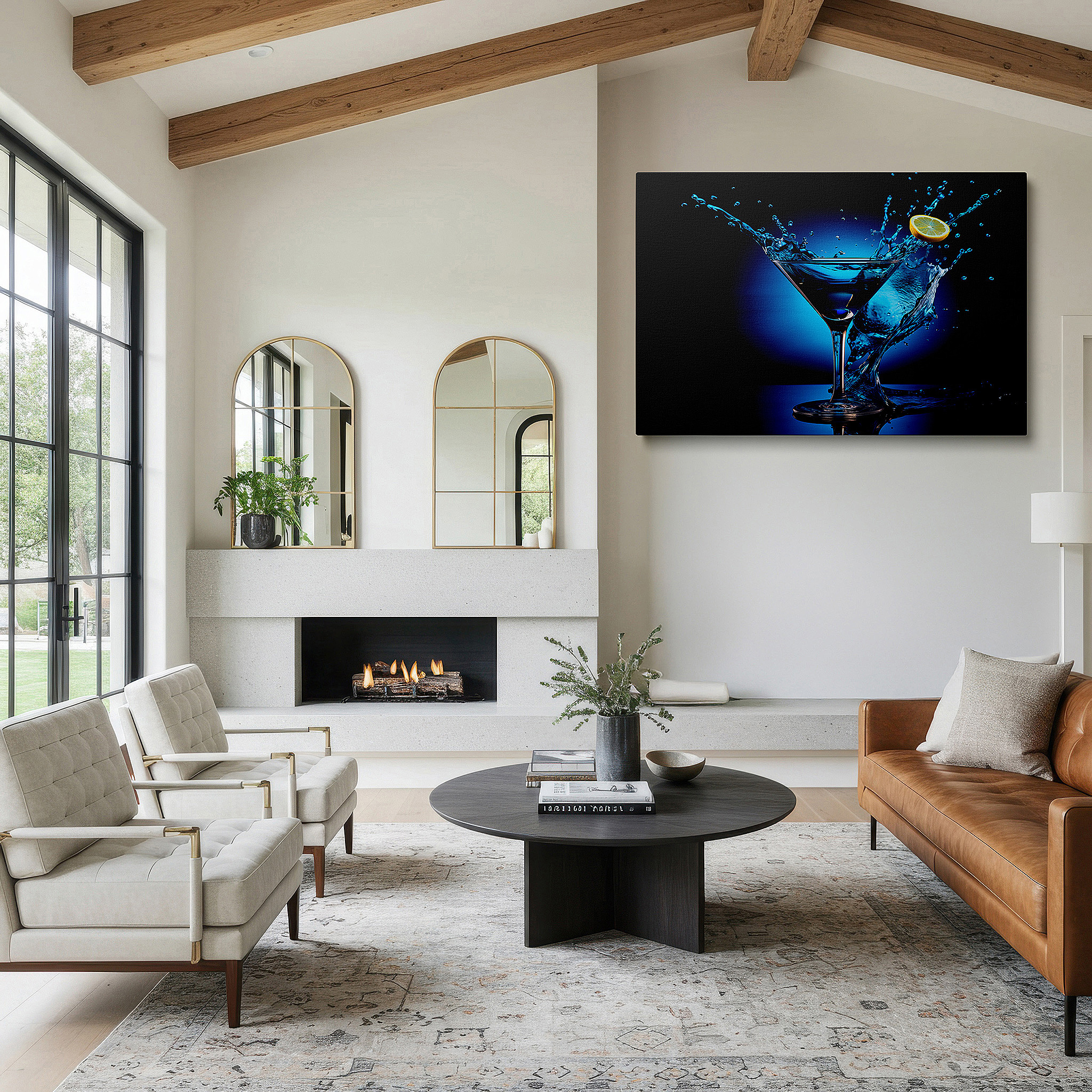 Balanced between two tall indoor plants near a window — celebrating cocktail culture: martini glass splash on vibrant blue background - large canvas wall art for office decor