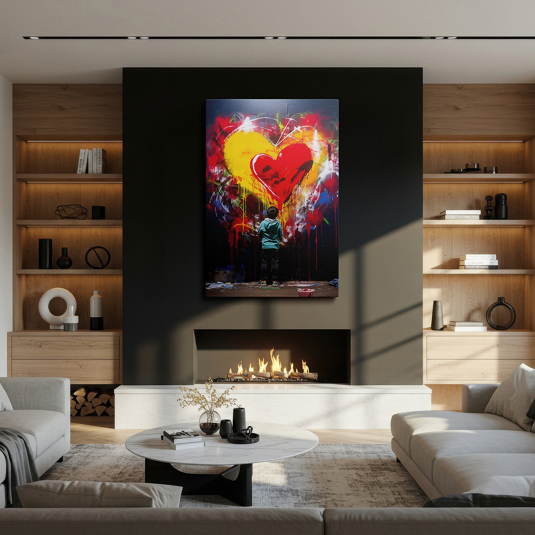 Balanced between two tall indoor plants near a window — child's delight in creating a colorful heart on a large urban canvas, wall art for bedrooms, offices, and more