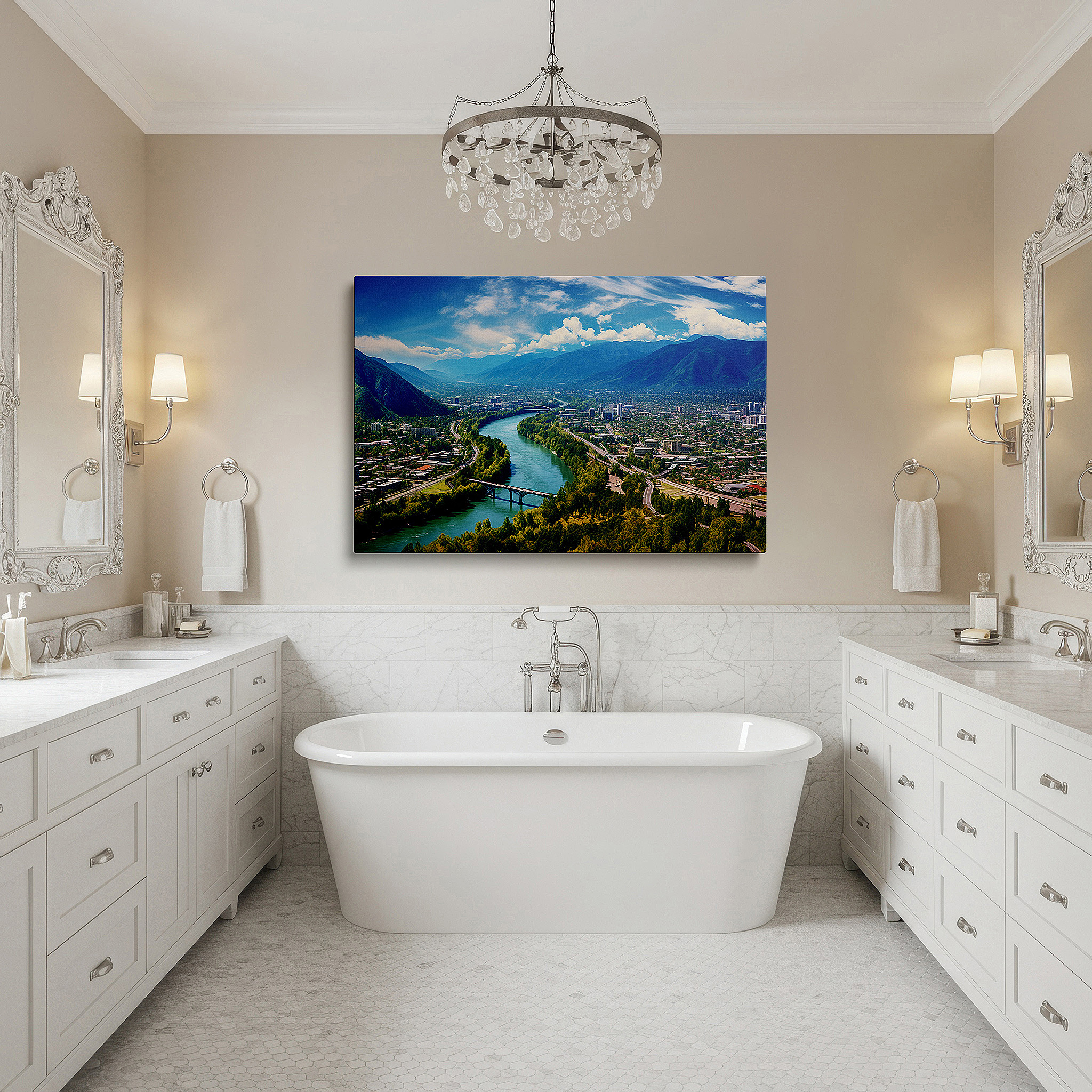 Balanced between two tall indoor plants near a window — cityscape and nature aerial symphony, majestic mountains and serene skies canvas wall art, large wall decor for office