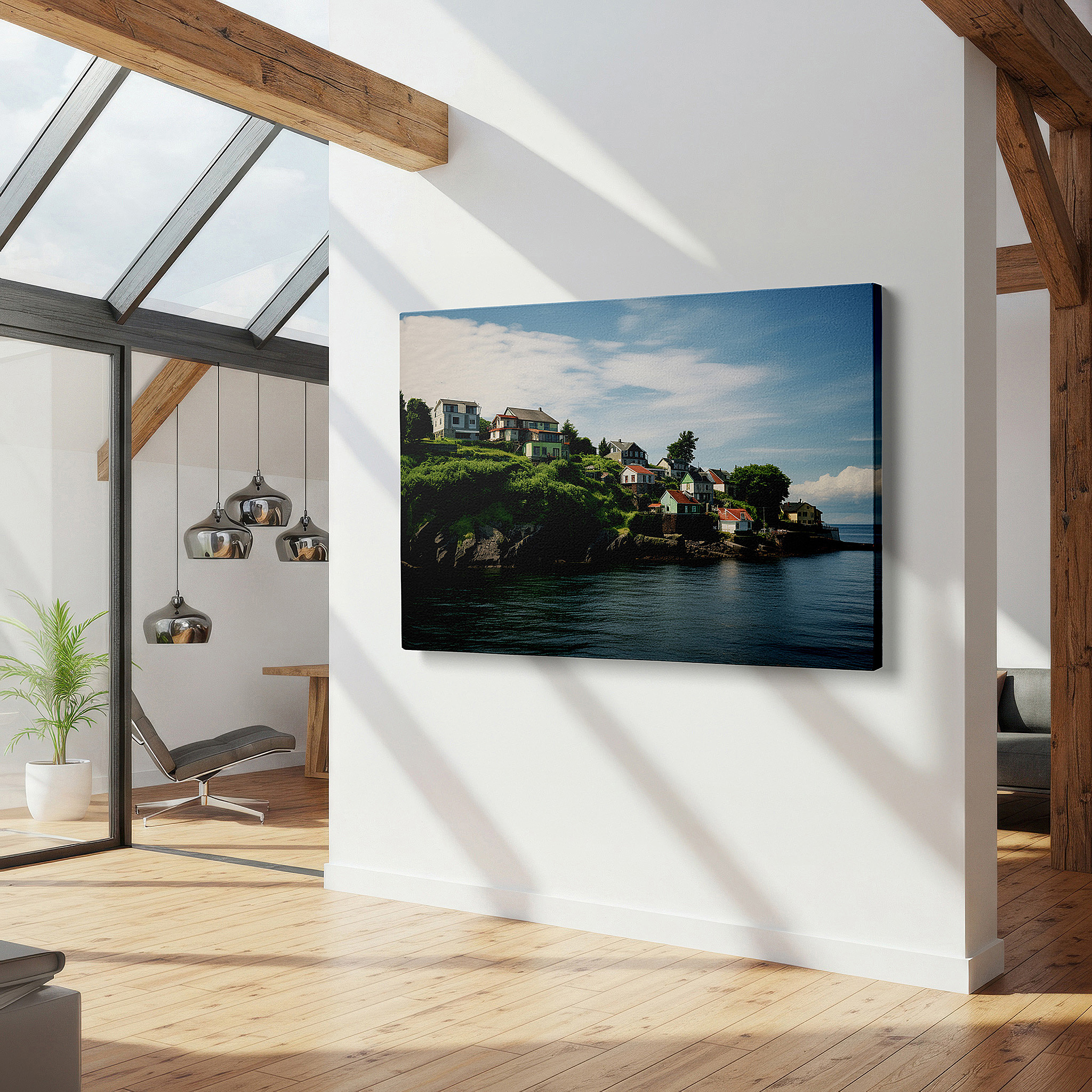 Balanced between two tall indoor plants near a window — coastal serenity and architectural elegance in a scenic cliffside village: large wall art, canvas wall art, wall decor for offices and bedrooms