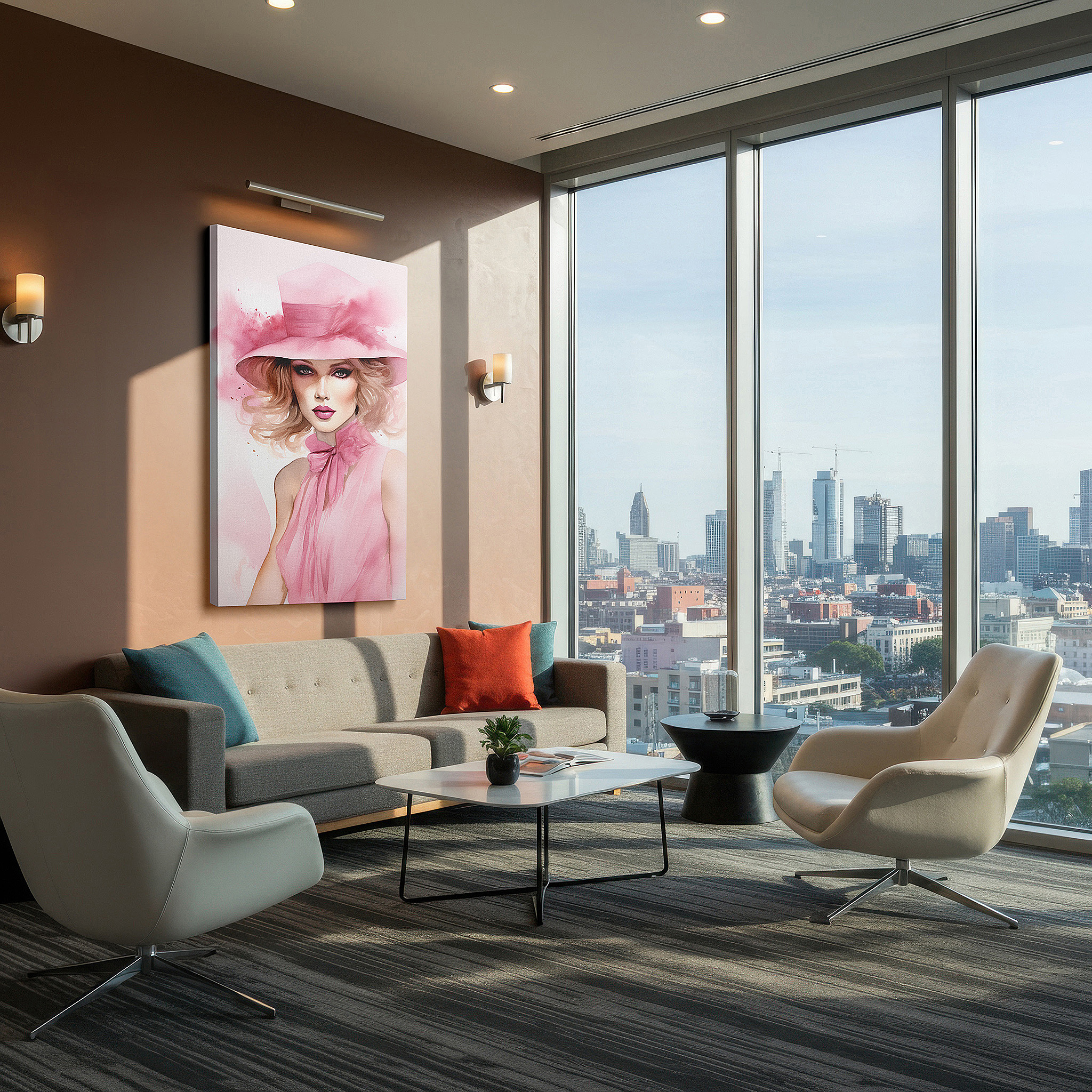 Balanced between two tall indoor plants near a window — contemporary feminine elegance in pink: a portrait of confidence and style - large canvas wall art for office and bedroom decor