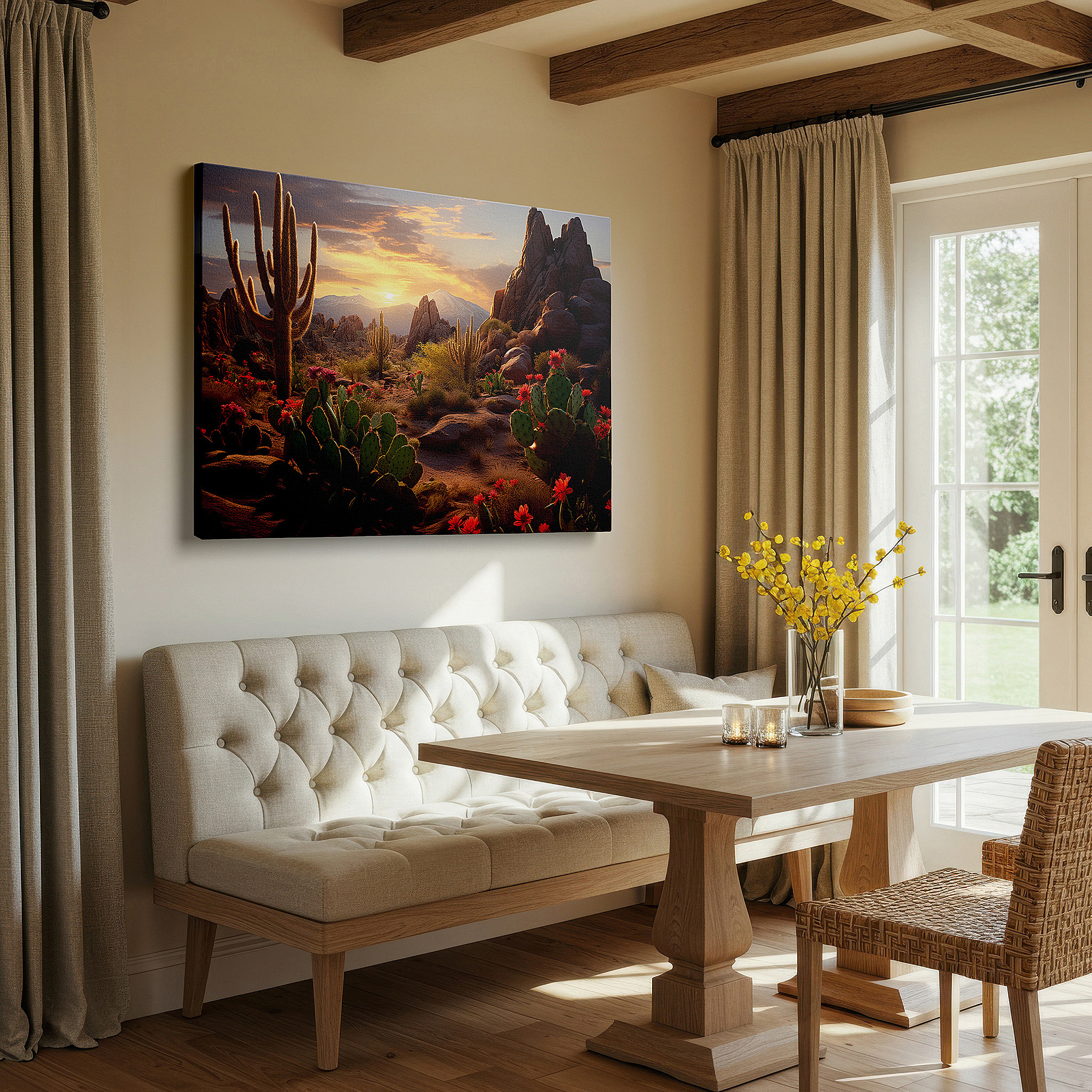 Balanced between two tall indoor plants near a window — desert mountain sunset with bright flowers, large canvas wall art for office decor