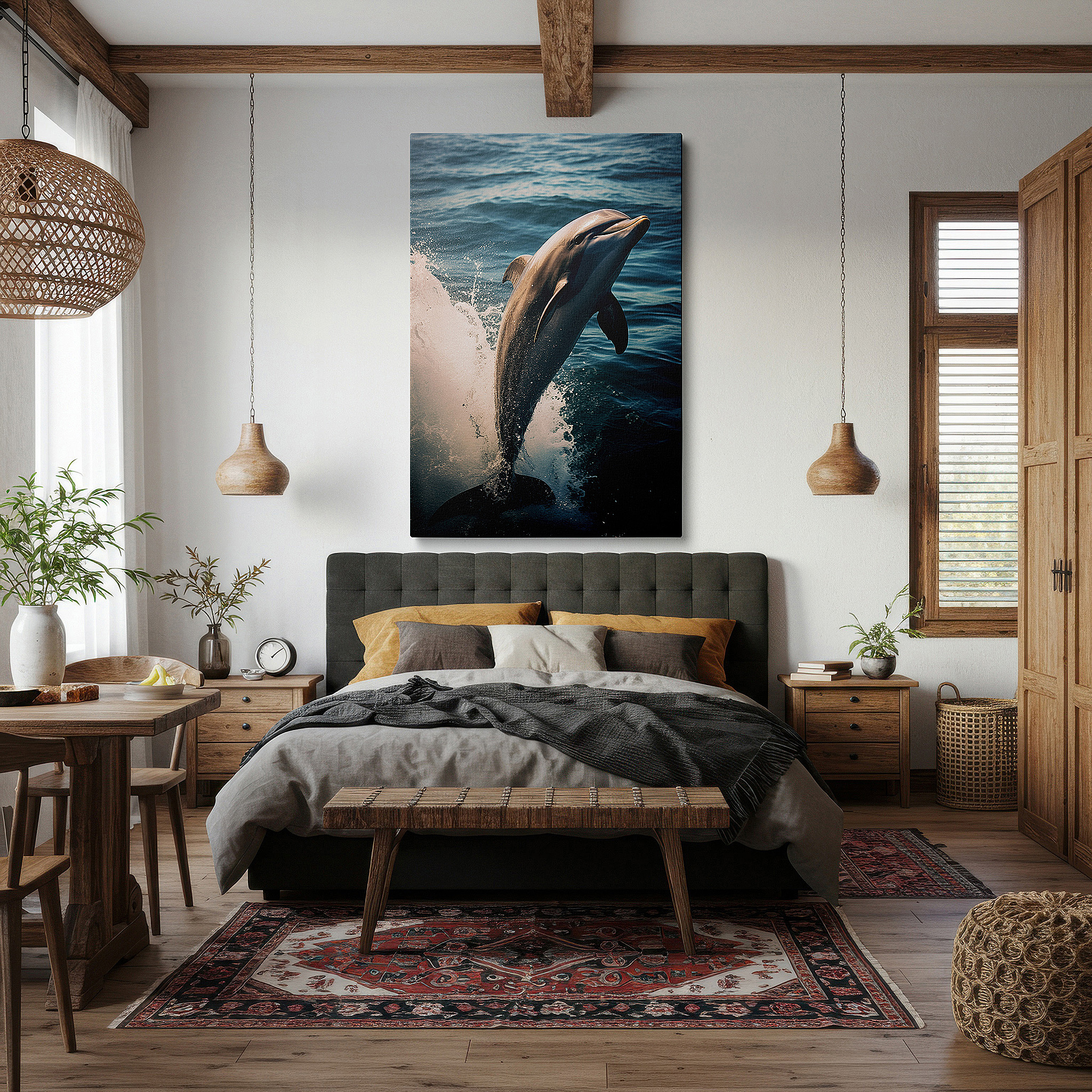 Balanced between two tall indoor plants near a window — dolphin's joyful leap into sparkling waters: large wall art, canvas wall art, wall art decor for office and bedroom