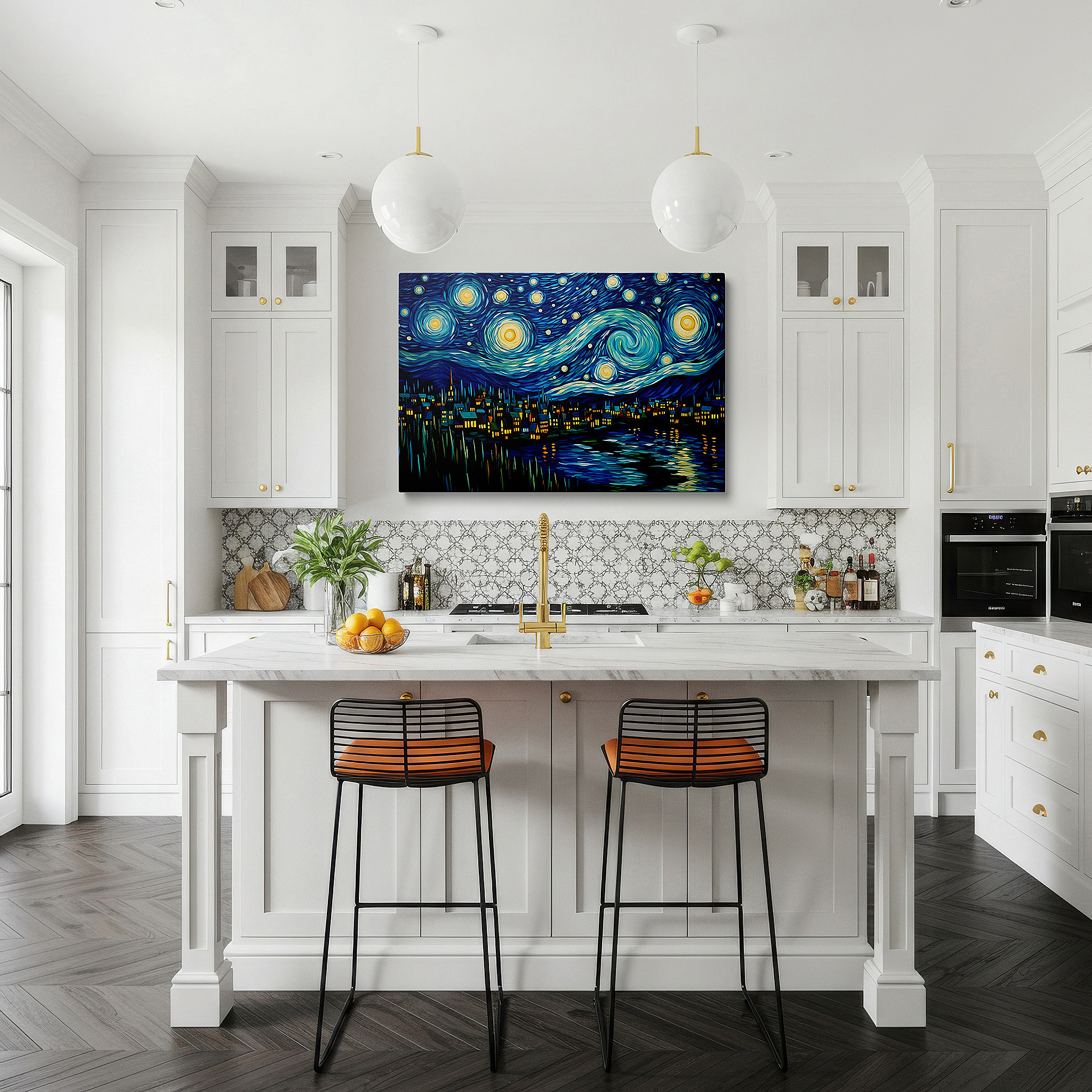 Balanced between two tall indoor plants near a window — dreamy starlit glow over tranquil town, night sky reflection large canvas wall art, decor for office, bedroom, and living room