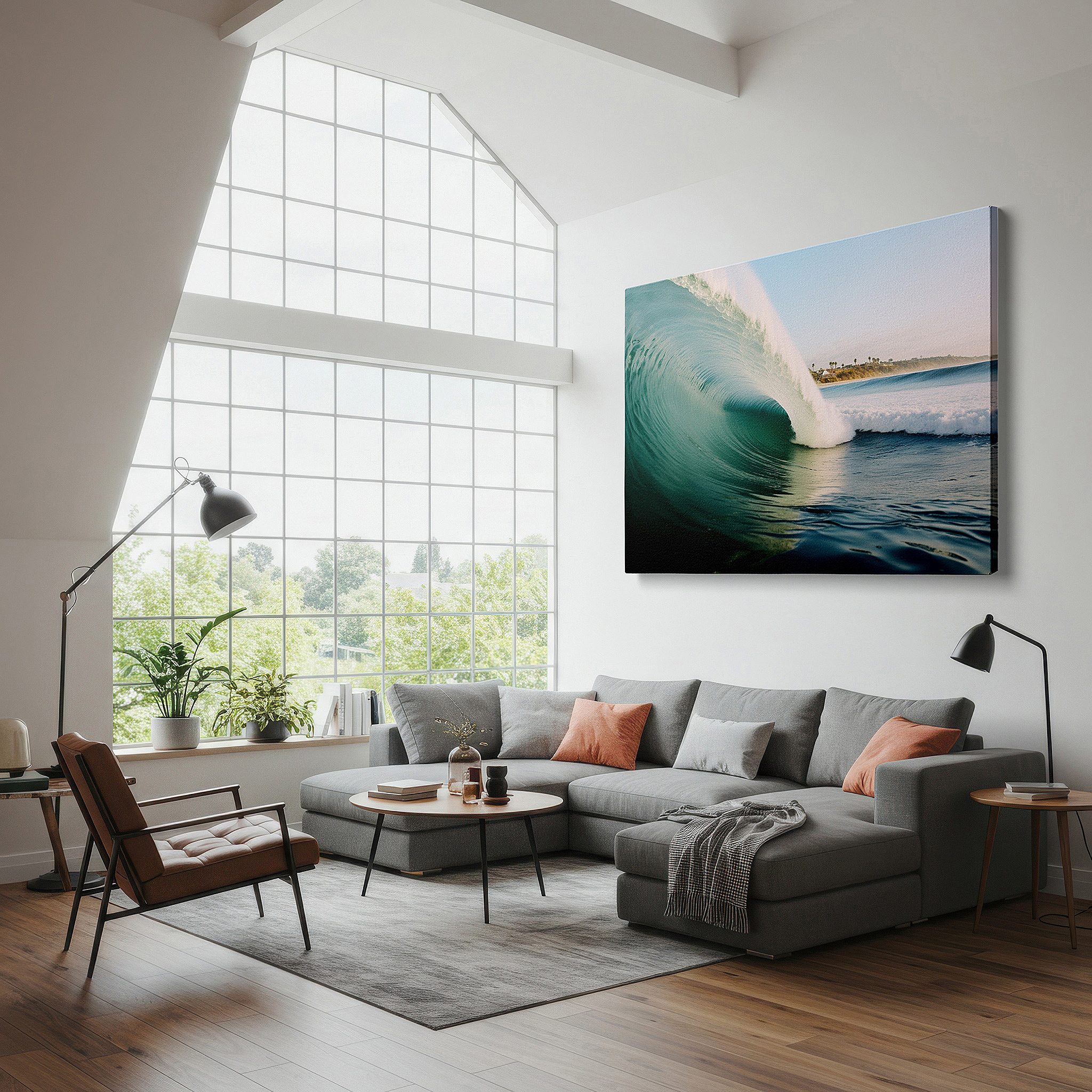 Balanced between two tall indoor plants near a window — dynamic ocean wave wall art: experience the power and beauty of nature - perfect for living rooms, bedrooms, and offices