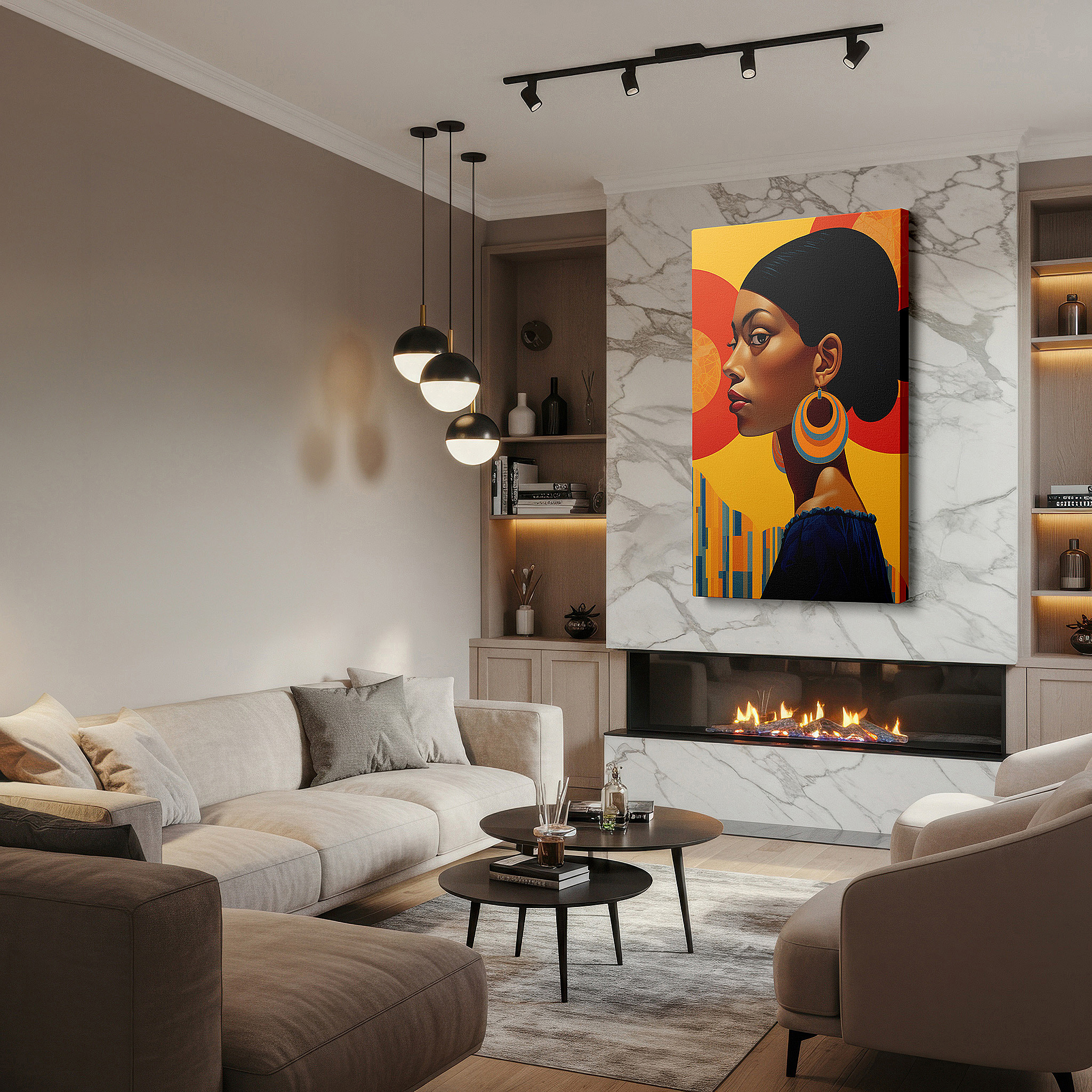 Balanced between two tall indoor plants near a window — elegant and modern portrait of a confident woman: large wall art, canvas wall art, wall decor for office