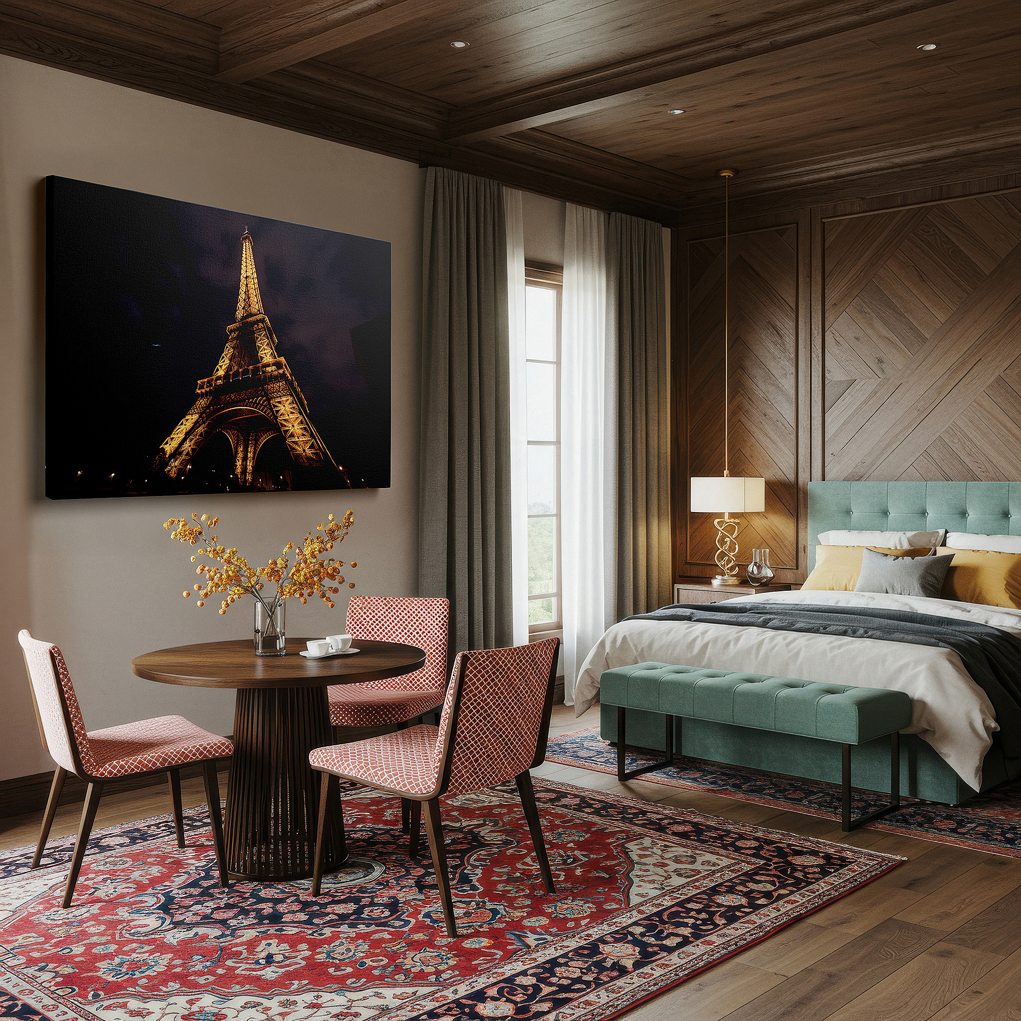 Balanced between two tall indoor plants near a window — elegant parisian and architectural splendor of the eiffel tower at night large wall art, canvas wall art, wall decor, office wall art