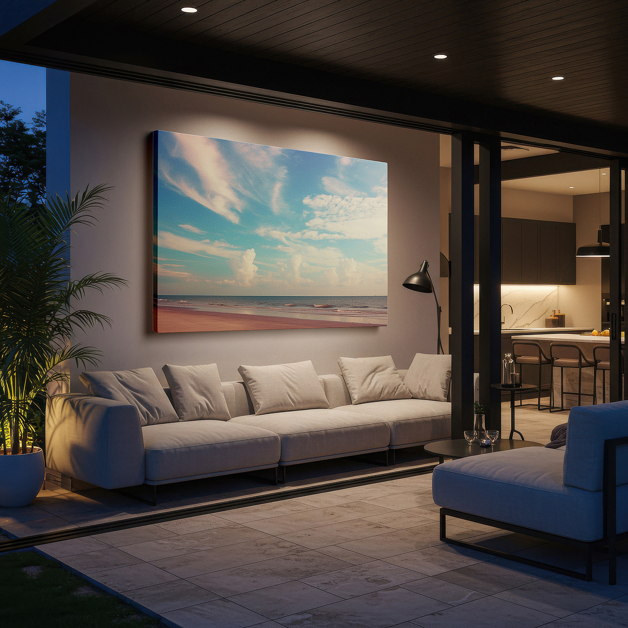 Balanced between two tall indoor plants near a window — enchanted coastal dusk: a symphony of light and shadow - nature's splendor large wall art, canvas wall art, wall decor for office and bedroom