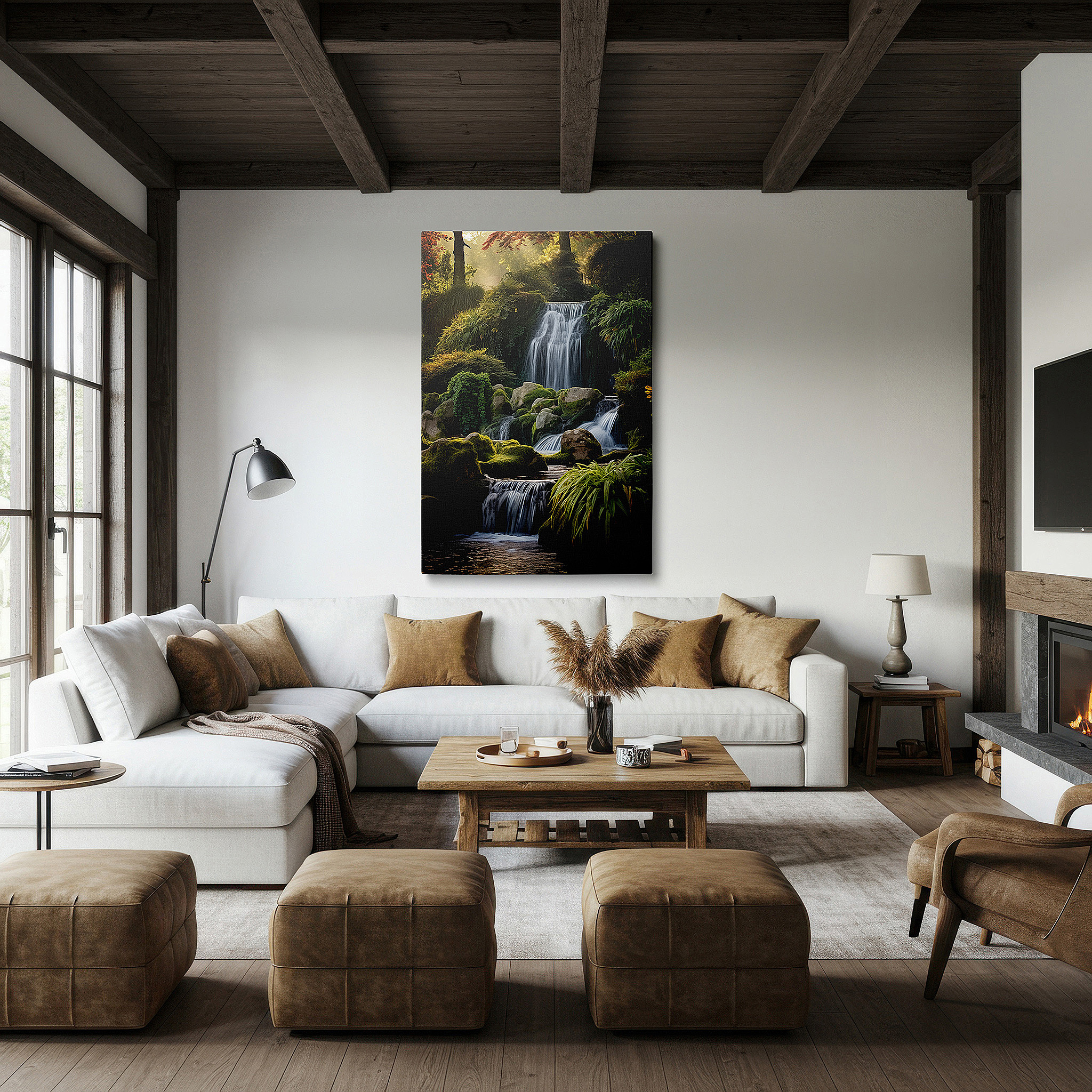 Balanced between two tall indoor plants near a window — enchanted waterfall oasis wall art: large canvas featuring moss-covered rocks and tranquil pool, ideal for office and bedroom decor