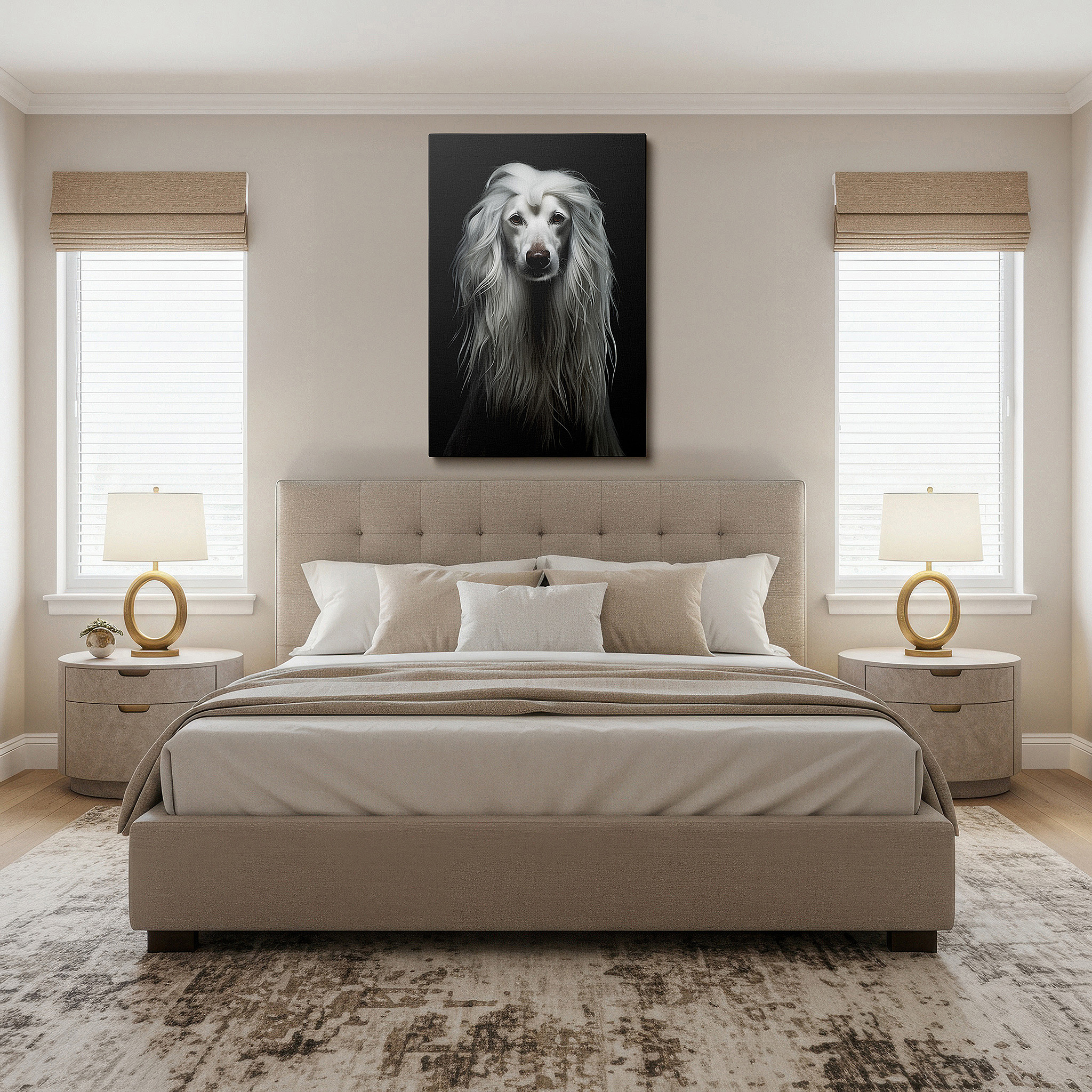 Balanced between two tall indoor plants near a window — ethereal majesty: dreamy long-haired dog large wall art for office, bedroom, and living room decor
