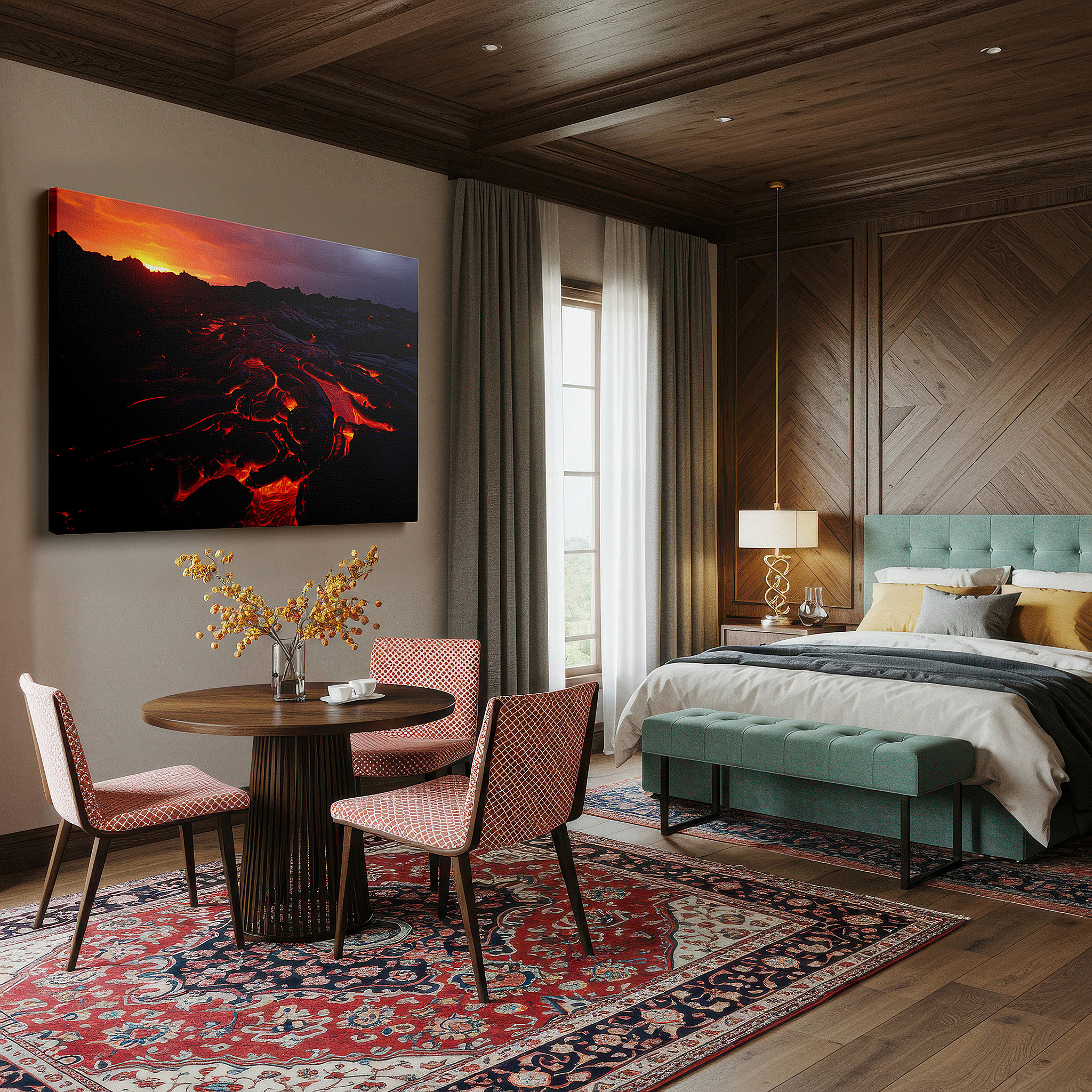 Balanced between two tall indoor plants near a window — fiery skies and molten earth - a striking exhibition of nature's irresistible power and splendor large wall art, canvas wall art, wall decor, office art