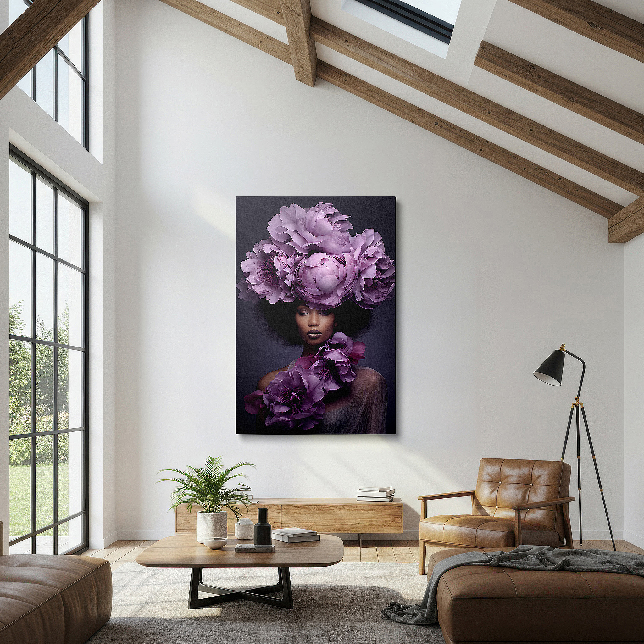 Balanced between two tall indoor plants near a window — floral elegance: femininity and empowerment - large canvas wall art for office, bedroom, and living room decor