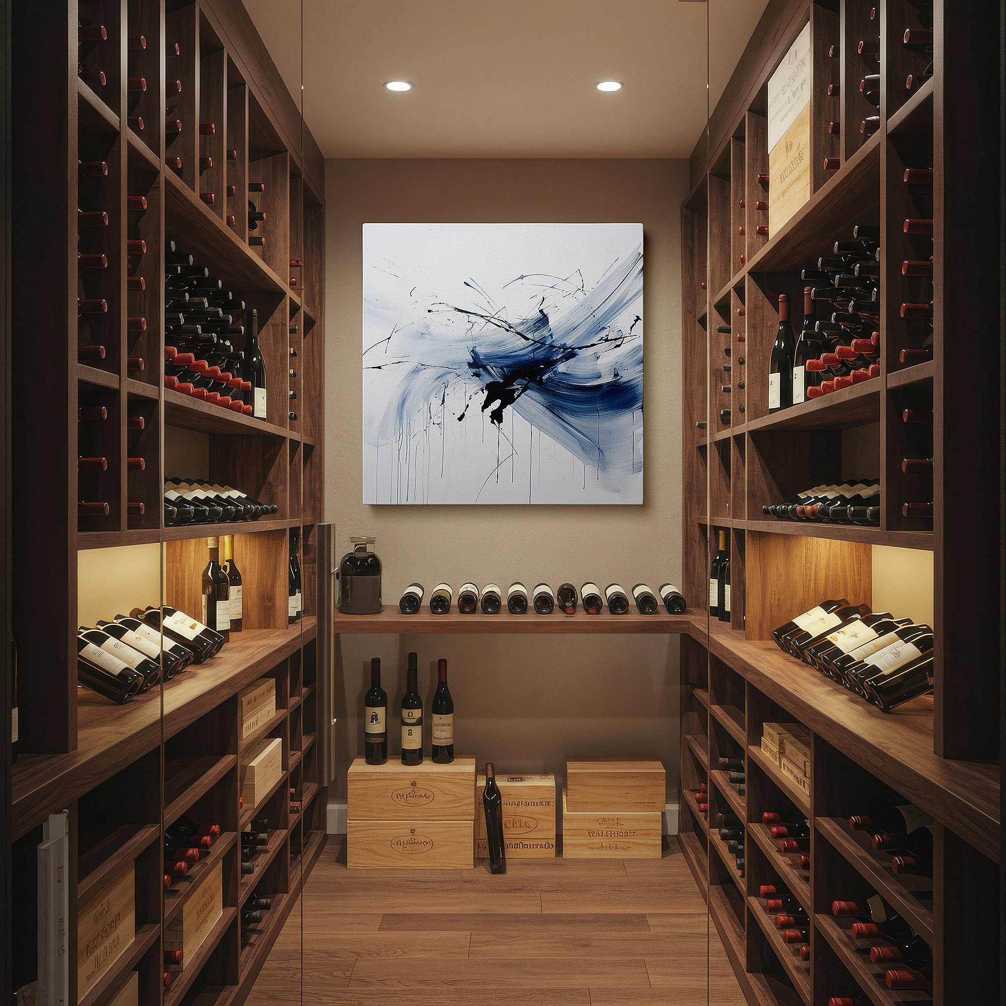 Balanced between two tall indoor plants near a window — fluid blues symphony - enchanting abstract large canvas wall art, perfect for office or bedroom decor