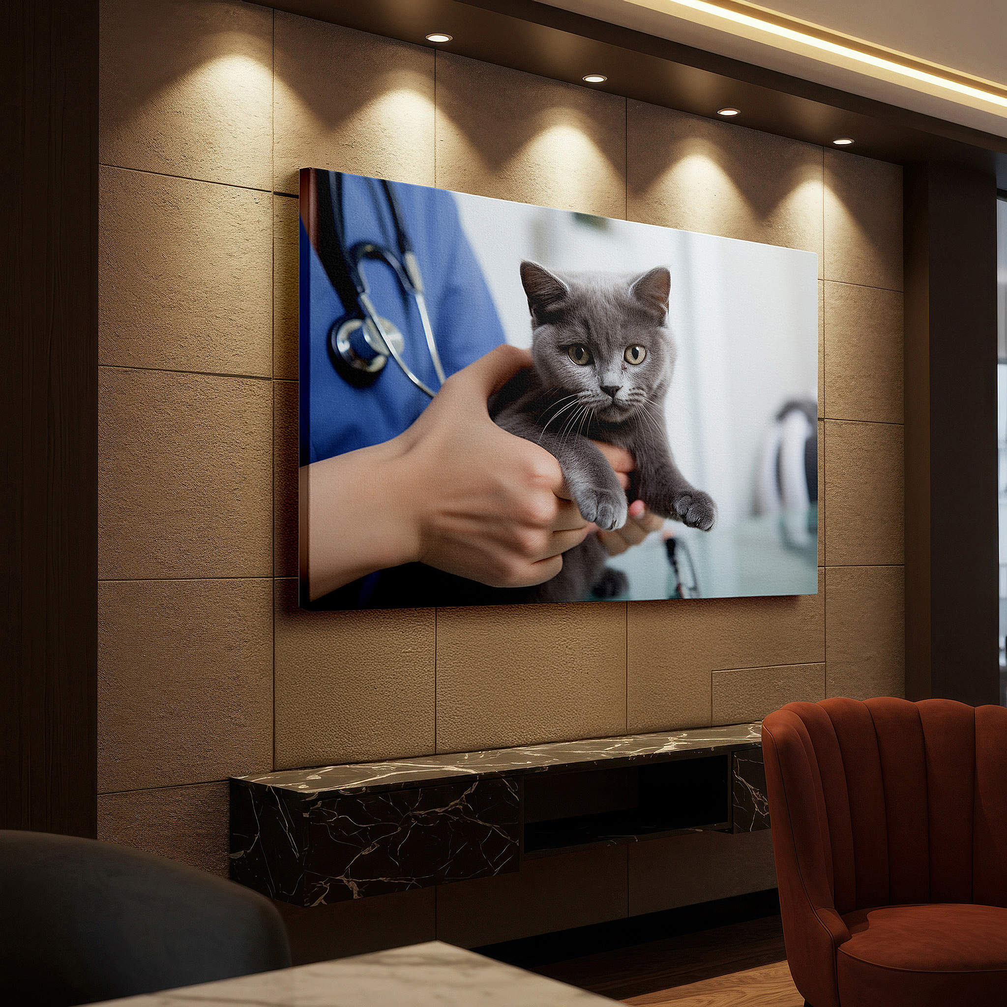 Balanced between two tall indoor plants near a window — gentle care moments - a veterinarian's soft embrace with a gray kitten wall art, large canvas decor for office and bedroom
