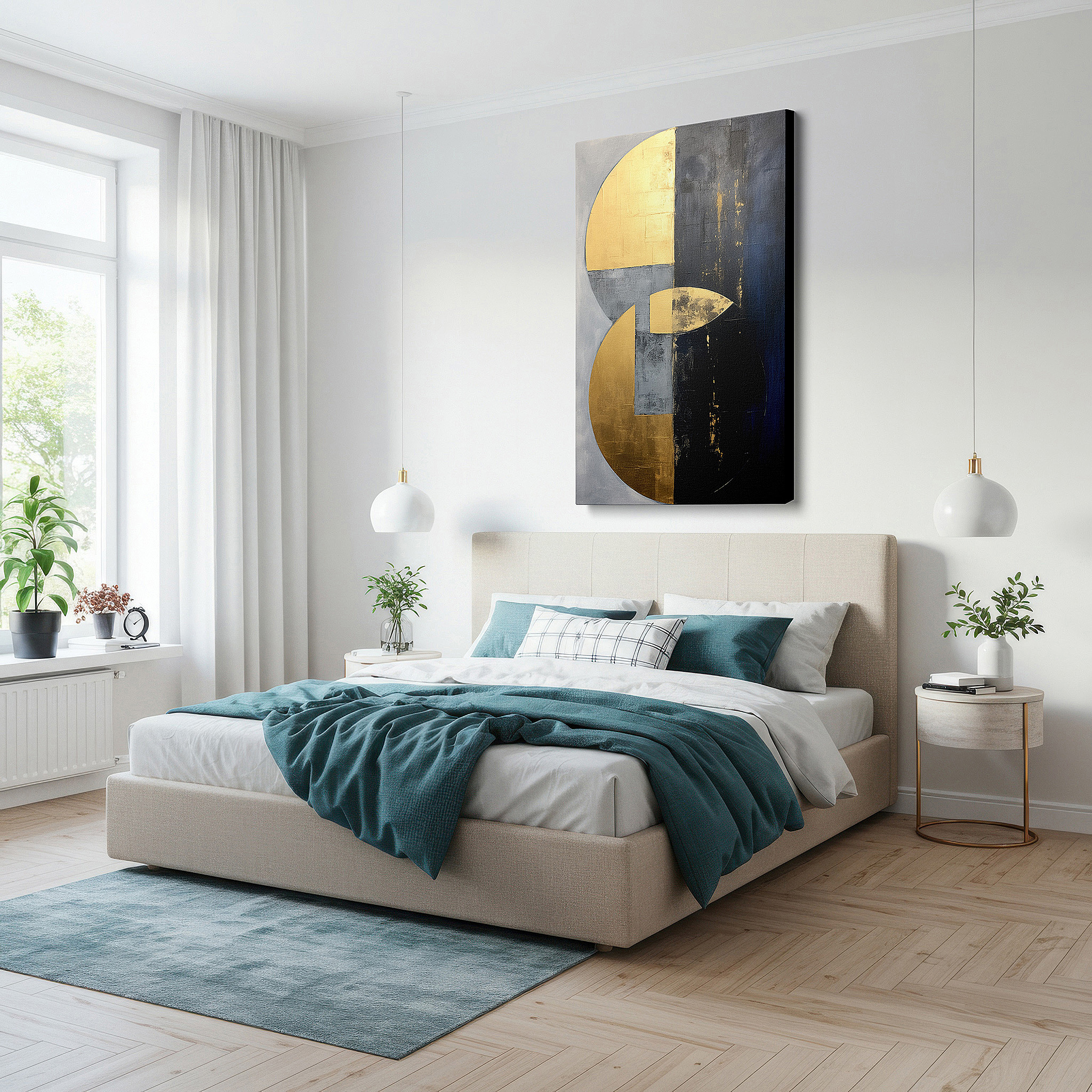 Balanced between two tall indoor plants near a window — gold, gray, and black geometric elegance with bold circular motifs: large wall art for office and bedroom decor