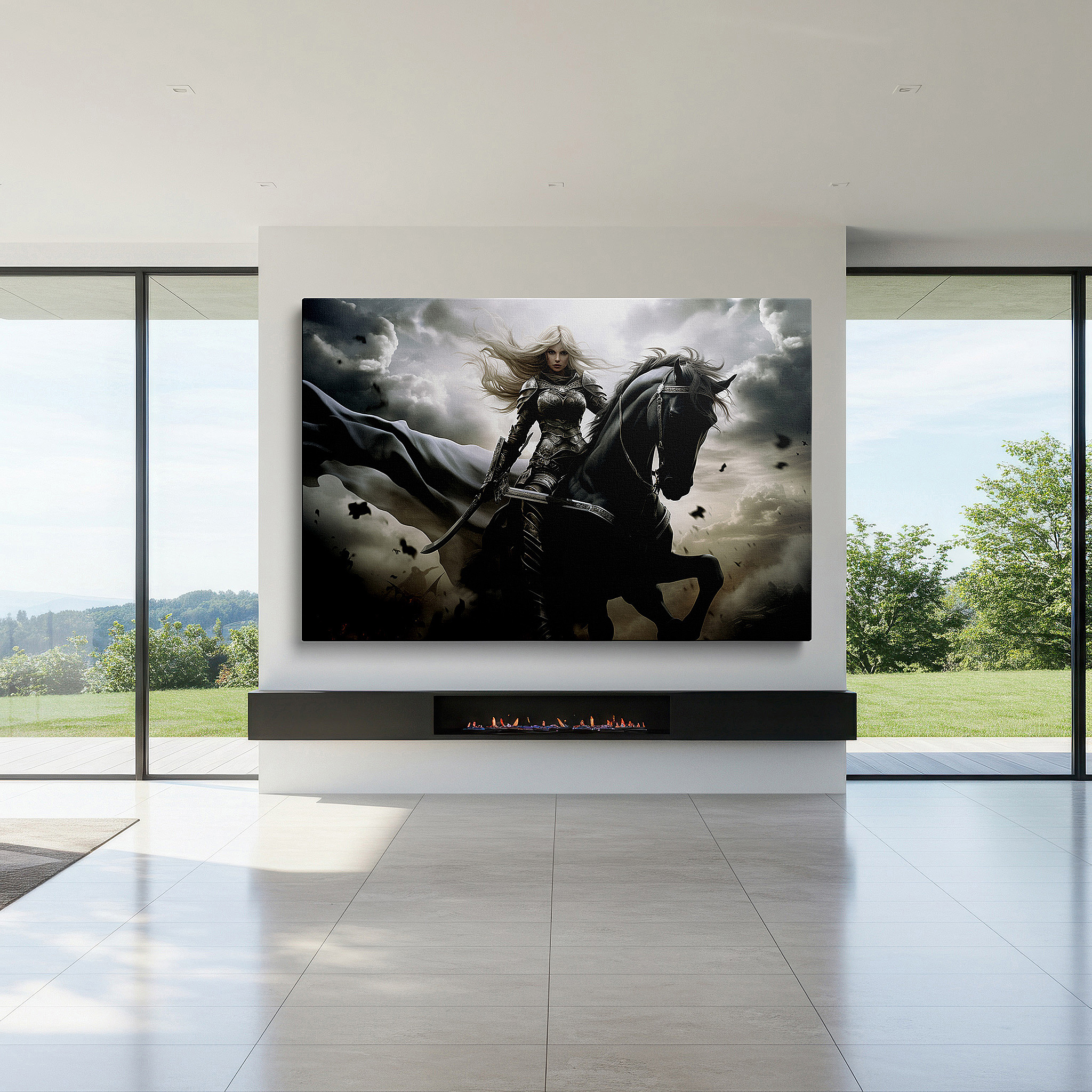 Balanced between two tall indoor plants near a window — heroic female knight and black horse charging through a stormy saga - large canvas wall art for office, bedroom, and living room decor