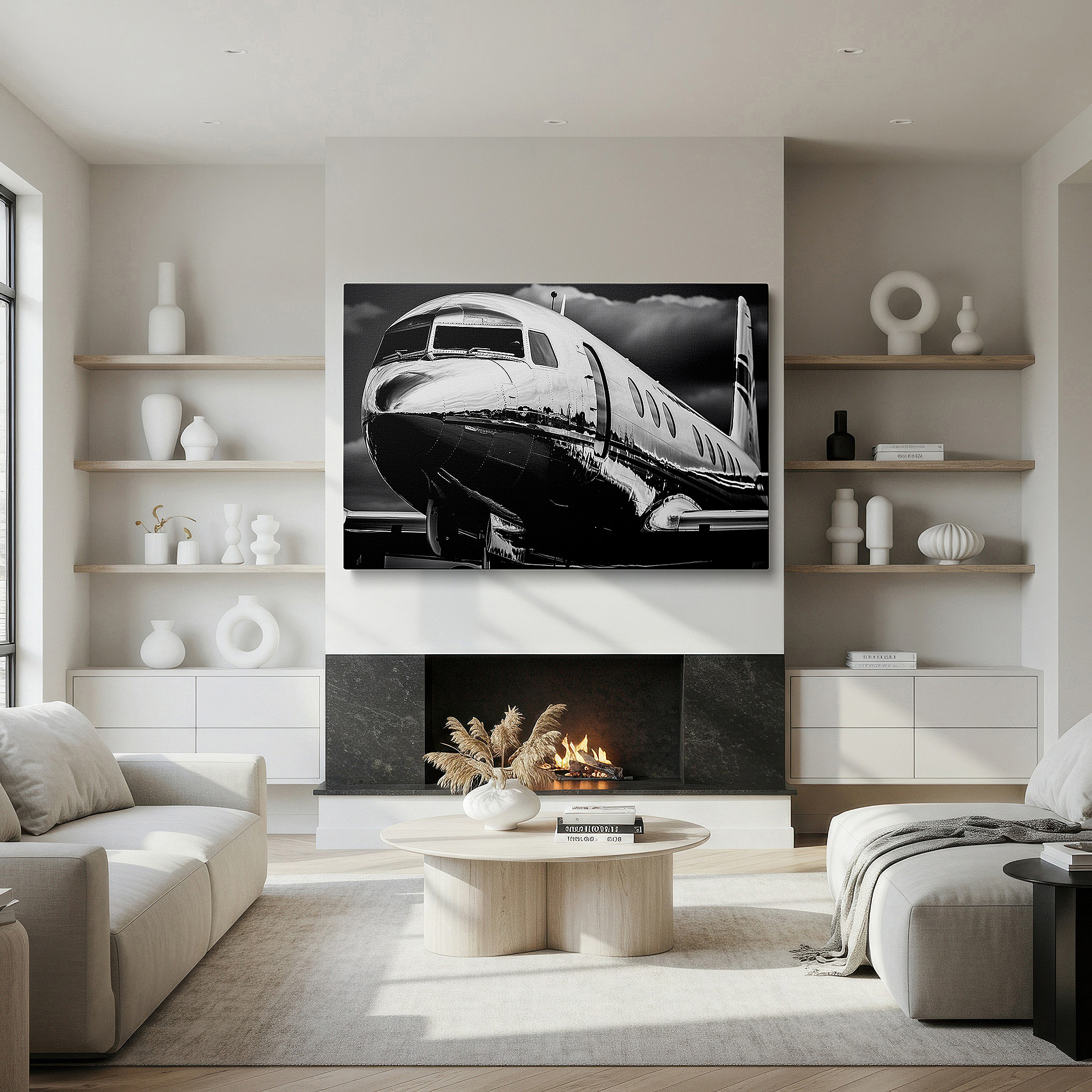Balanced between two tall indoor plants near a window — luxurious silver jet soaring through swirling clouds - high-end travel themed large wall art, canvas decor for office