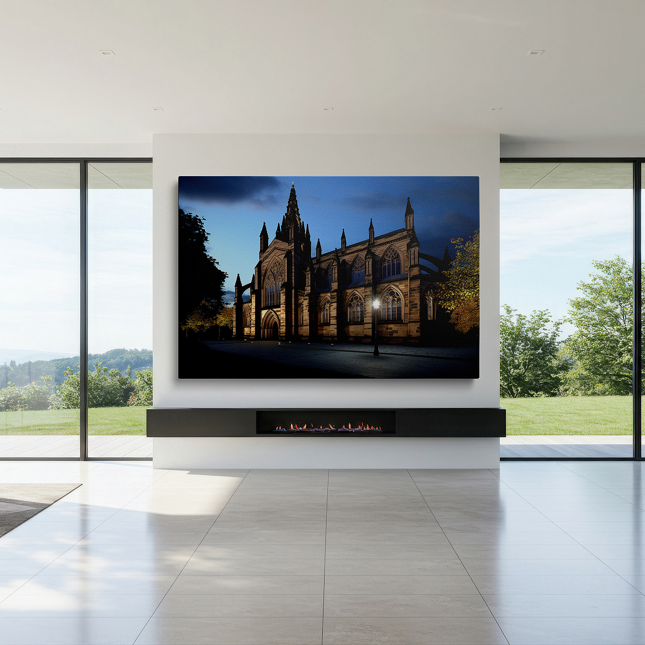 Balanced between two tall indoor plants near a window — majestic cathedral at dusk: a mystical and ethereal architectural display, large canvas wall art decor