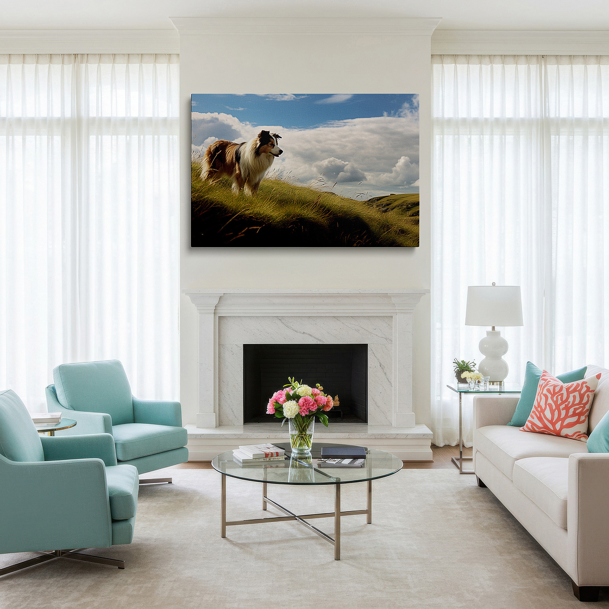 Balanced between two tall indoor plants near a window — majestic collie: guardian of the verdant hillside - a symphony of nature and tranquility, large canvas wall art for home and office decor