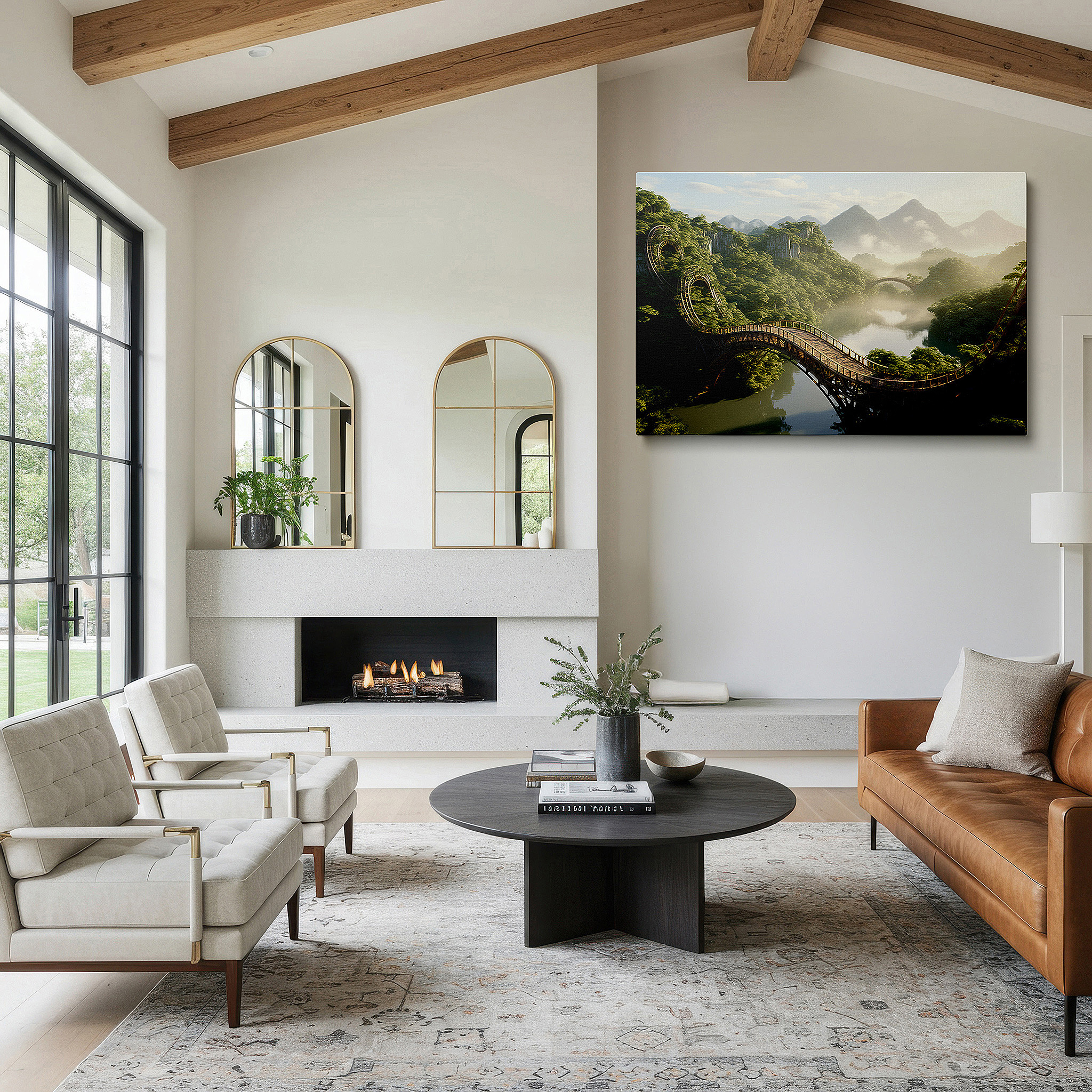 Balanced between two tall indoor plants near a window — majestic mountains and tranquil river with rustic bridge surrounded by lush greenery large wall art, canvas wall art, wall decor for office and bedroom