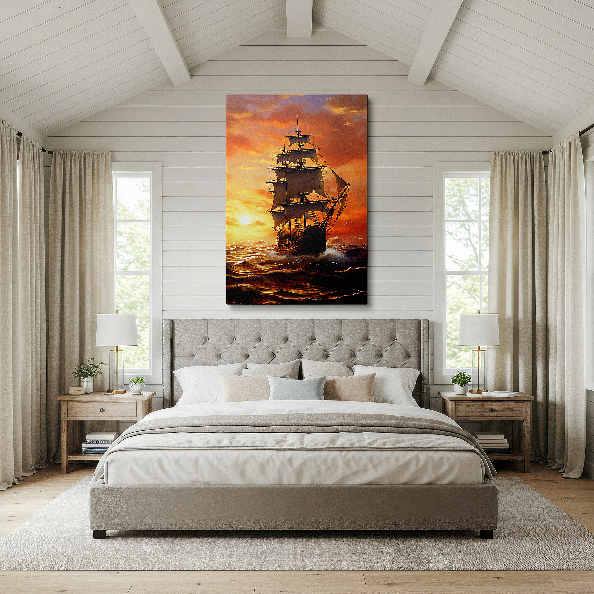 Balanced between two tall indoor plants near a window — majestic ship sailing seascape twilight glow large wall art, canvas wall art, wall art decor for office and bedroom