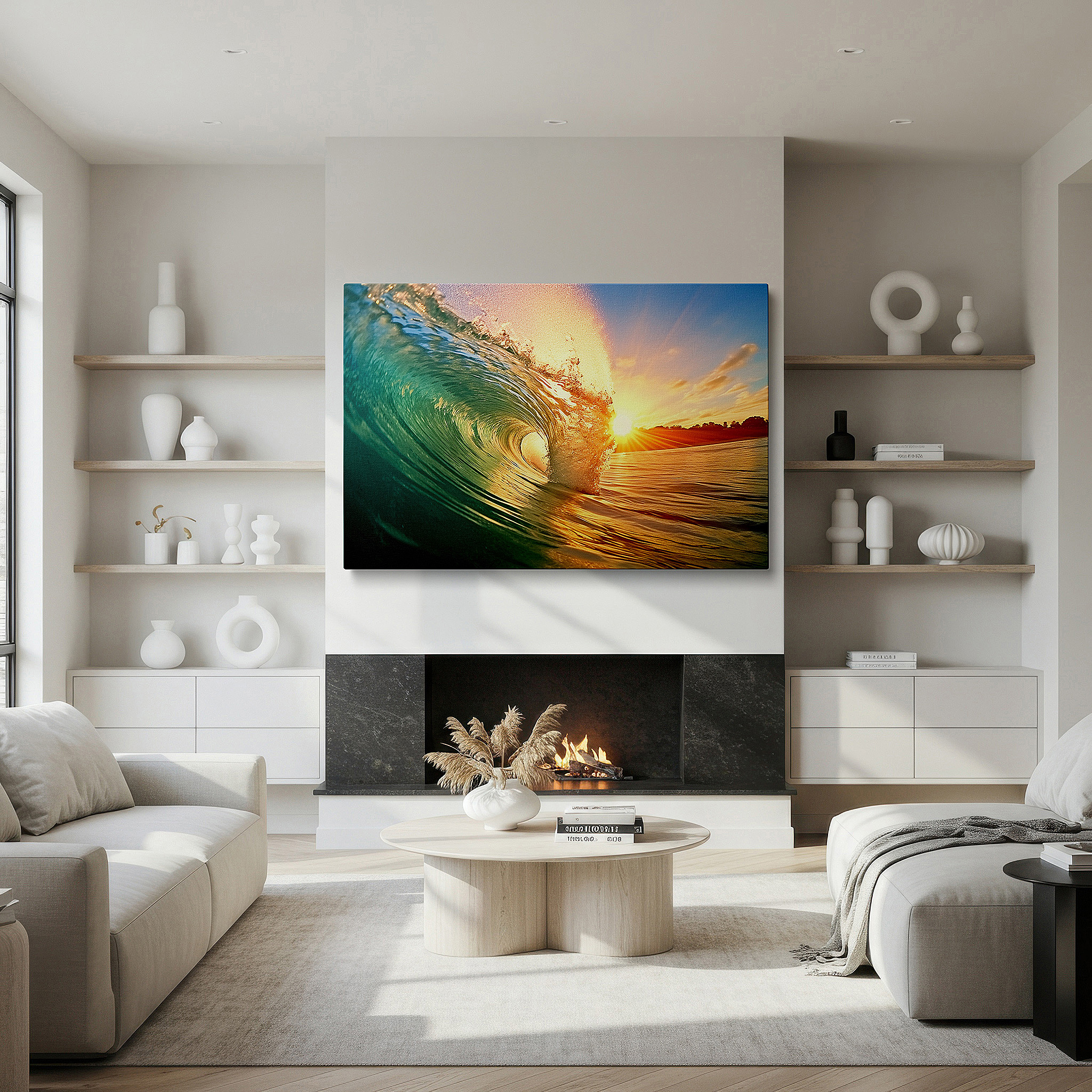 Balanced between two tall indoor plants near a window — majestic sunset wave - serene and powerful nature scene large wall art, canvas wall art, wall decor for office, bedroom, and living room