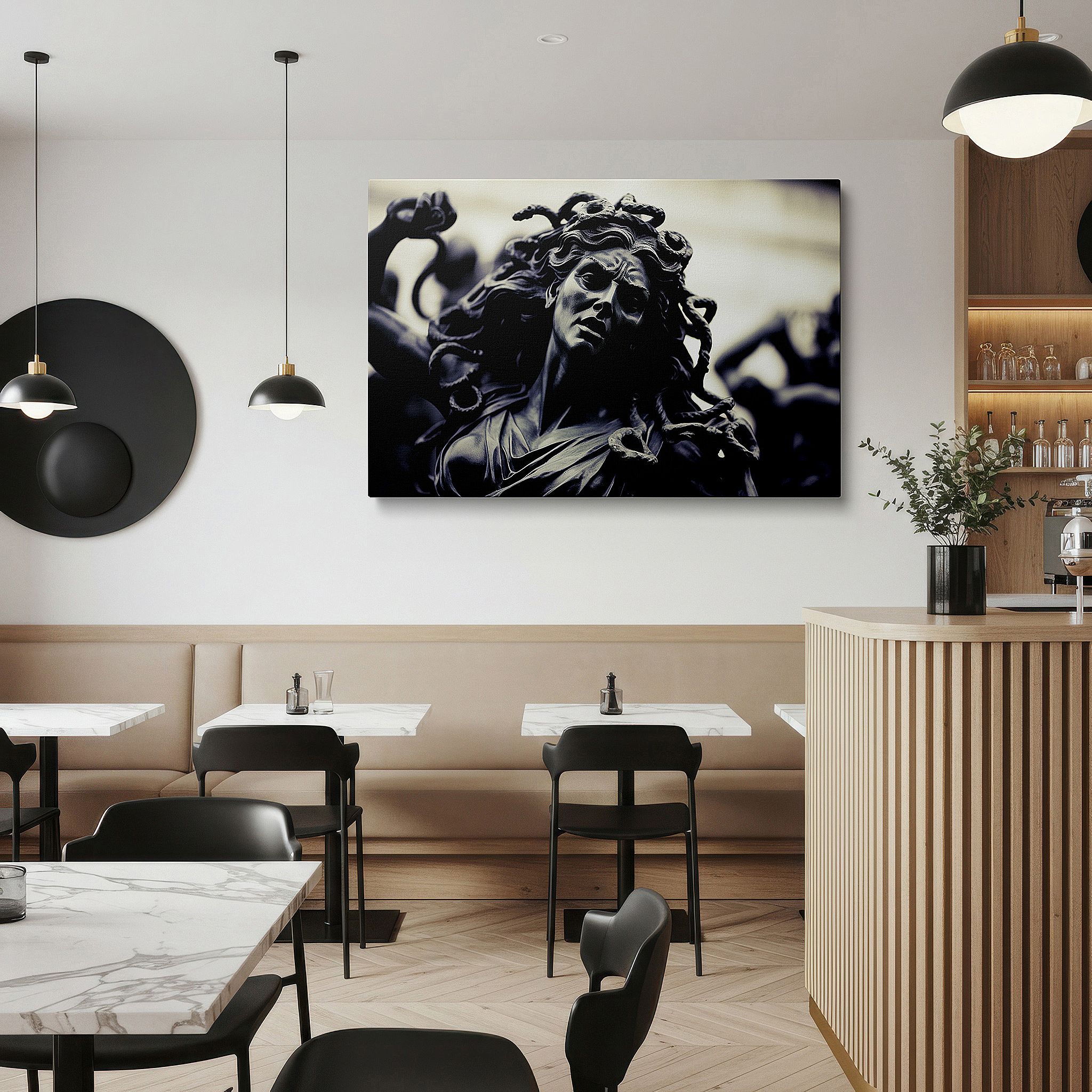 Balanced between two tall indoor plants near a window — medusa's tragic beauty wall art: a fusion of mythological splendor and emotional intensity - ideal for office, bedroom, and home decor