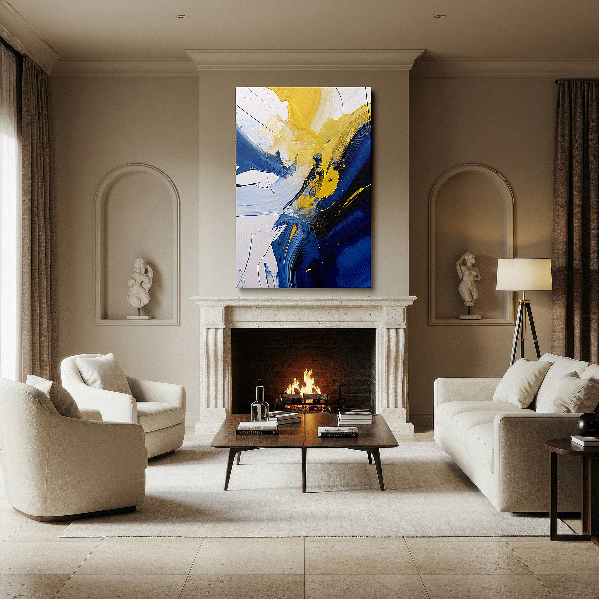 Balanced between two tall indoor plants near a window — mesmerizing abstract display of dynamic blue and yellow swirls, large canvas wall art for office decor