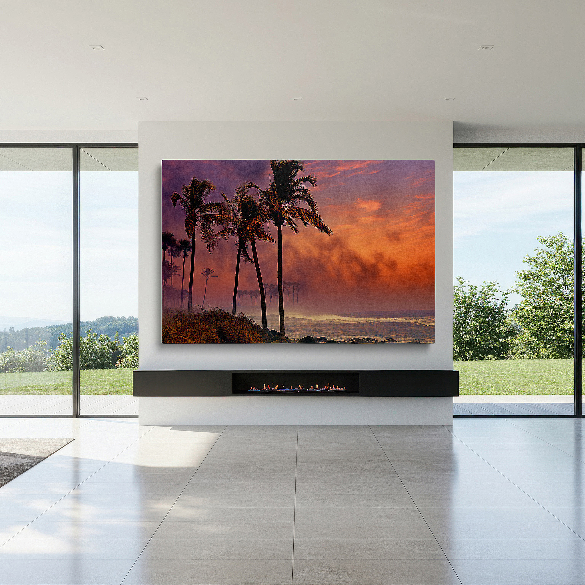 Balanced between two tall indoor plants near a window — misty serene beachfront dawn, tranquil seascape awakening, large canvas wall art for office decor