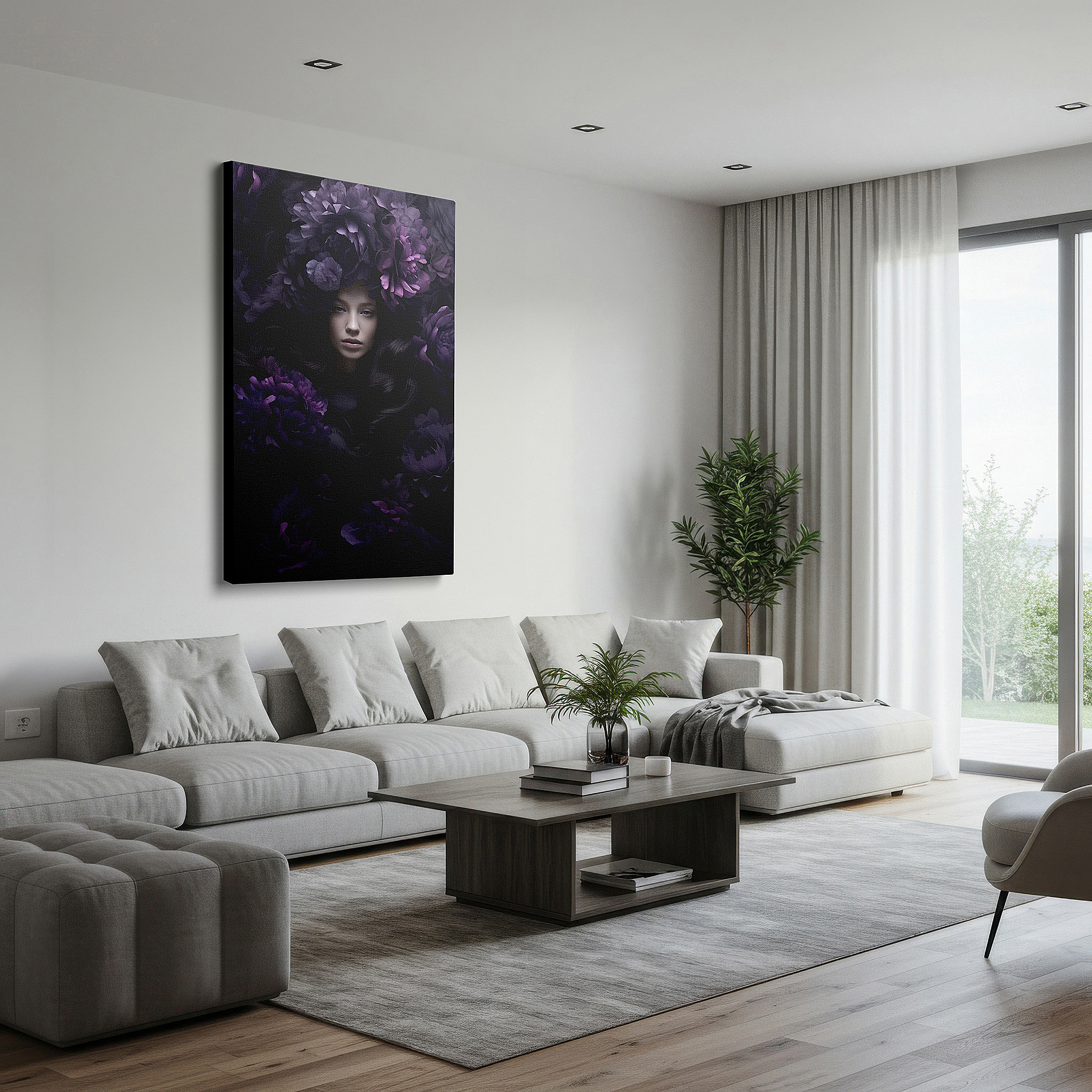 Balanced between two tall indoor plants near a window — mystical beauty surrounded by nature, tranquil fusion of femininity and floral splendor large wall art, canvas wall art, wall decor, office wall art