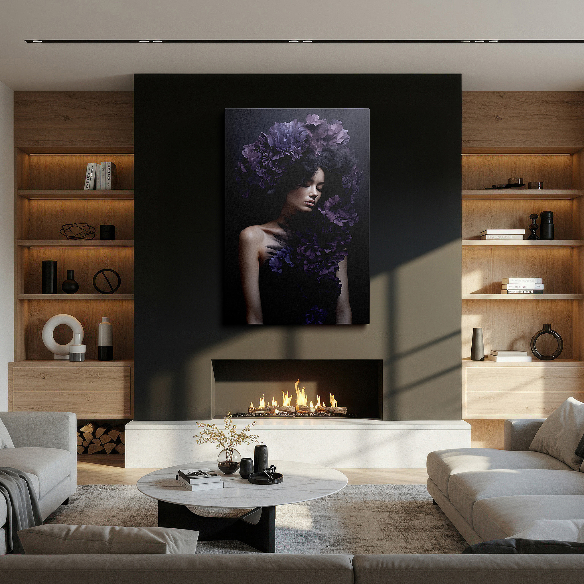 Balanced between two tall indoor plants near a window — mystical silhouette among lavender flowers - a tranquil journey through womanhood and the natural world, large wall art, canvas wall art, wall decor for office