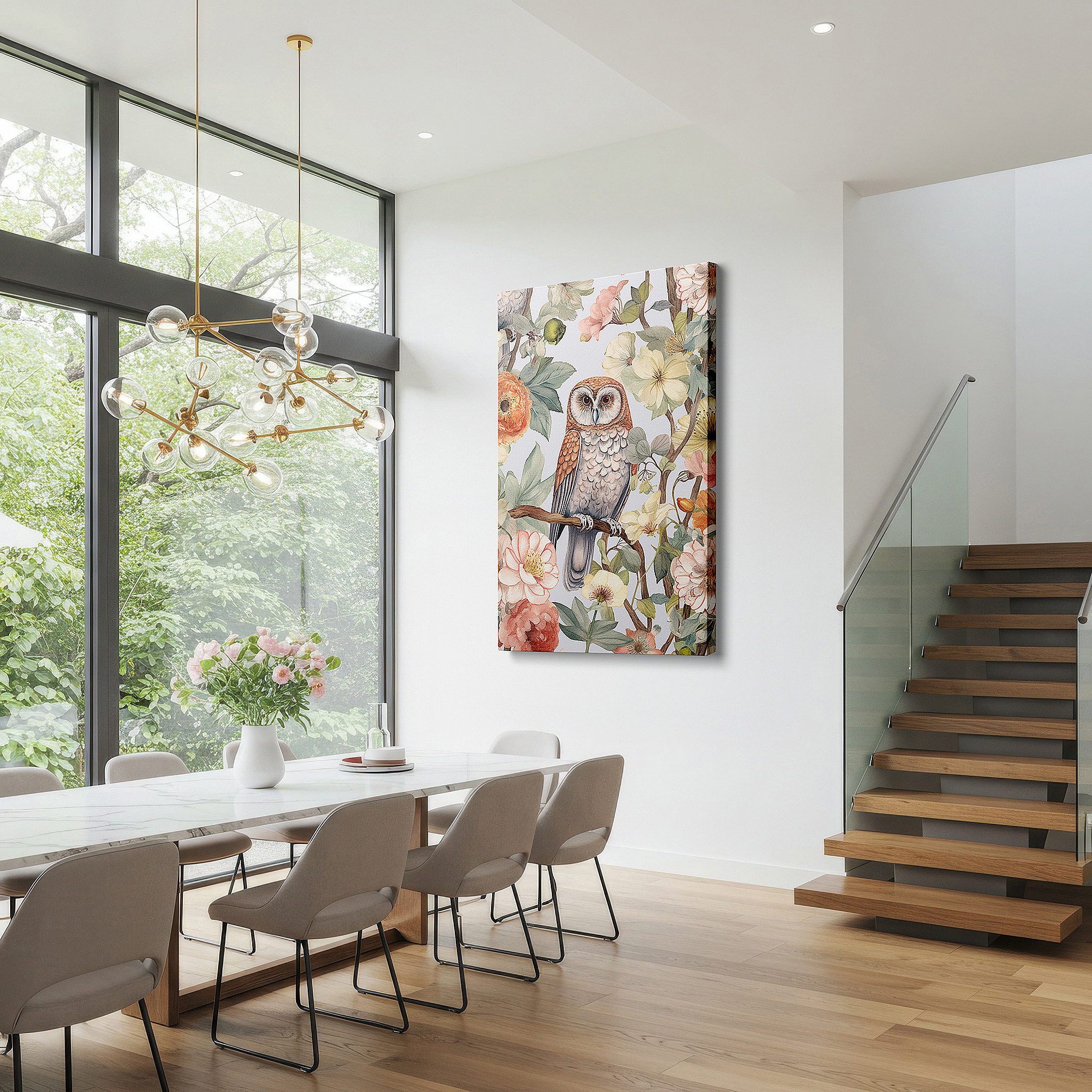 Balanced between two tall indoor plants near a window — owl amidst flowers - a harmonious display of wildlife and natural splendor, large canvas wall art for home and office decor