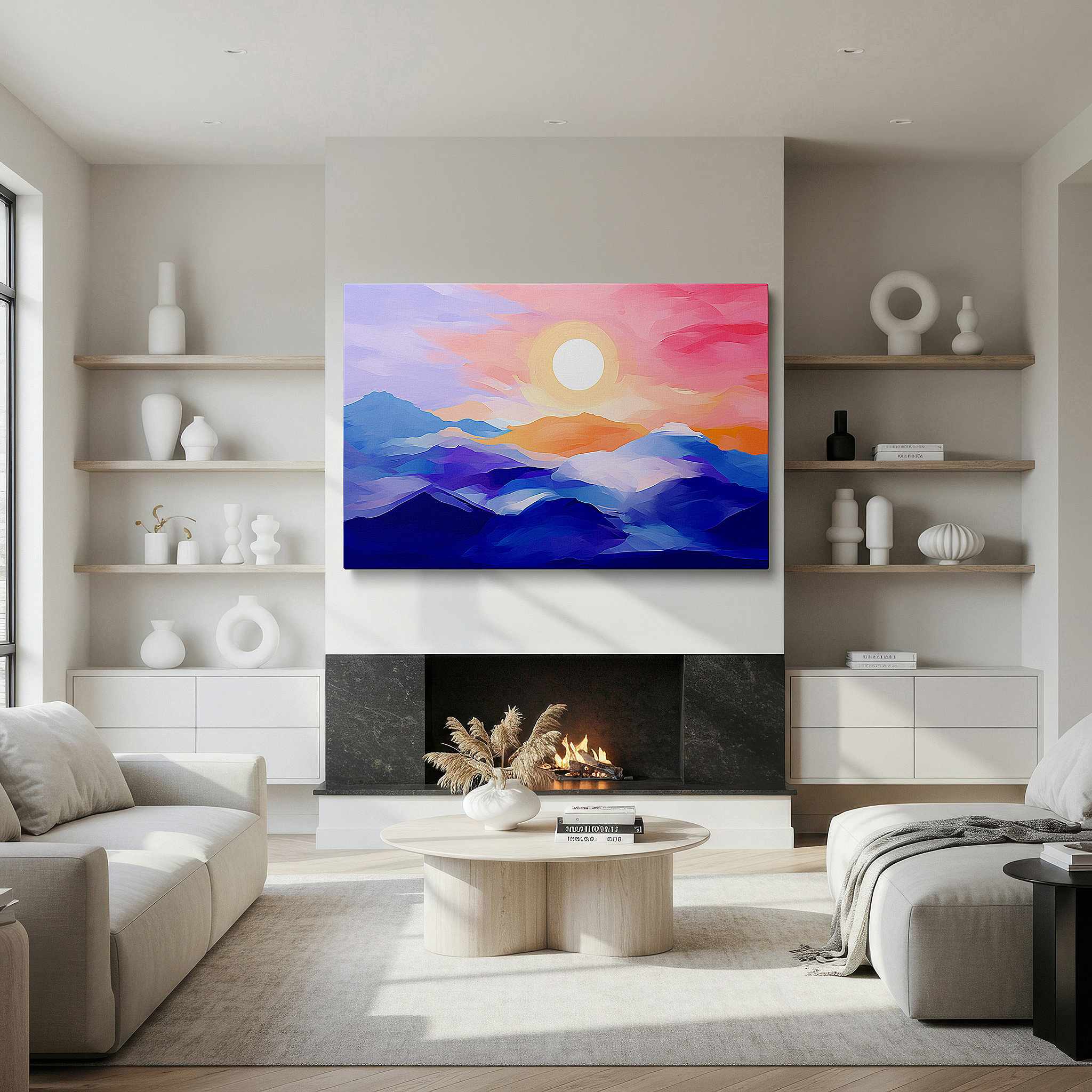 Balanced between two tall indoor plants near a window — pastel-hued ethereal mountain sunset - tranquil abstract large wall art, canvas wall decor for office and bedroom