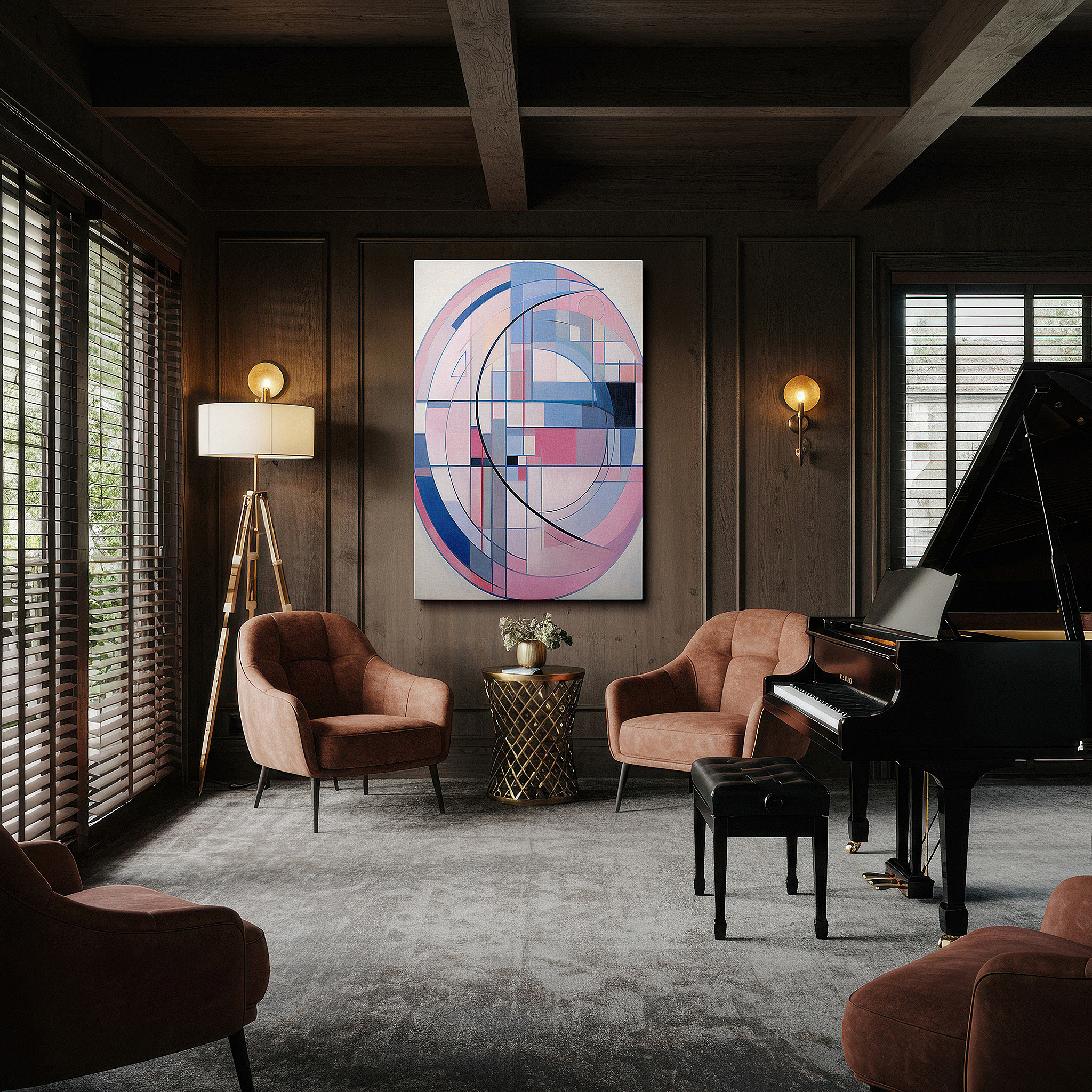 Balanced between two tall indoor plants near a window — pastel hues and fluid lines: serene geometric dance large canvas wall art for office, bedroom, and living room decor
