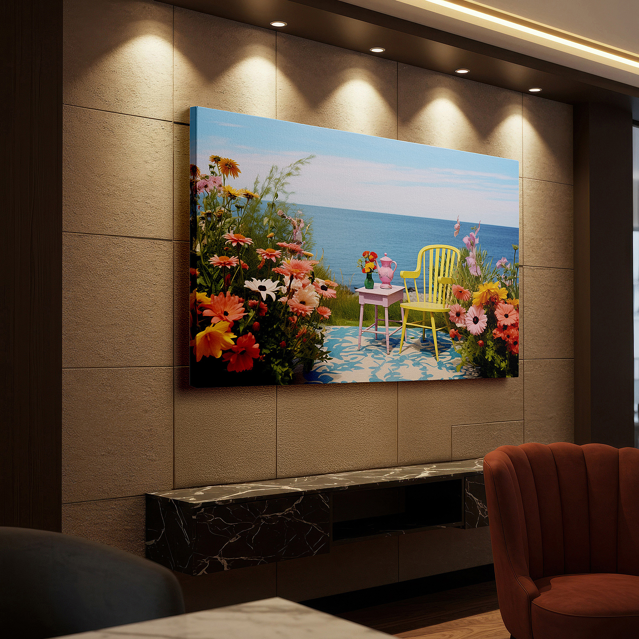Balanced between two tall indoor plants near a window — a peaceful coastal retreat featuring bright summer hues and calm ocean views: large wall art, canvas wall art, wall decor for offices and bedrooms
