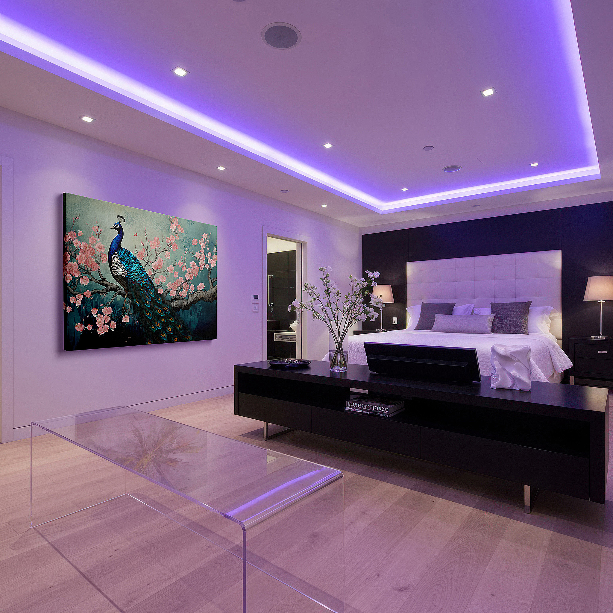 Balanced between two tall indoor plants near a window — peacock and cherry blossoms wall art: experience tranquility and elegance with this large canvas decor for offices and bedrooms