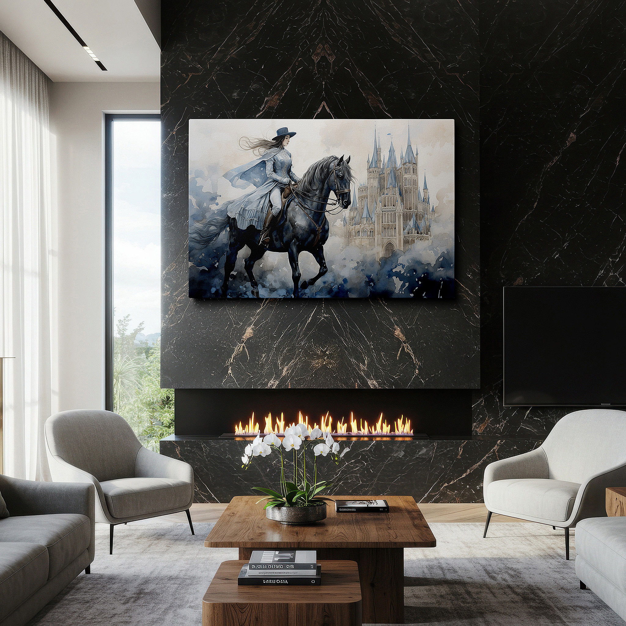 Balanced between two tall indoor plants near a window — regal ride and misty castle large wall art, canvas decor for office and bedroom