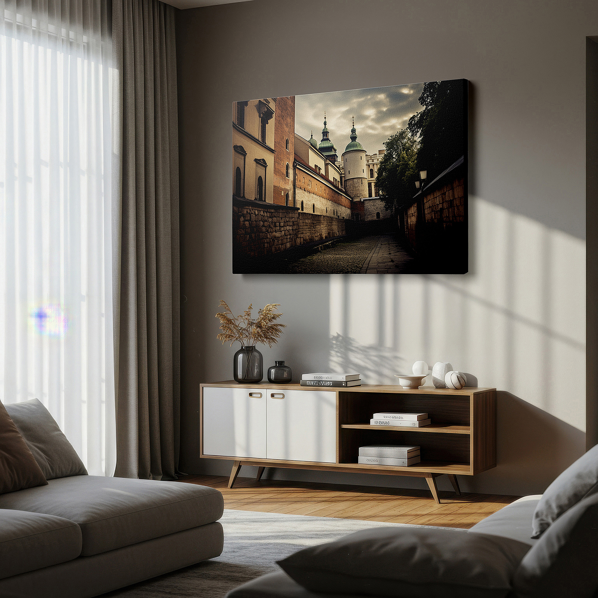 Balanced between two tall indoor plants near a window — renaissance-inspired cobblestone street canvas print featuring ornate architecture in earthy tones, ideal for office or bedroom wall decor
