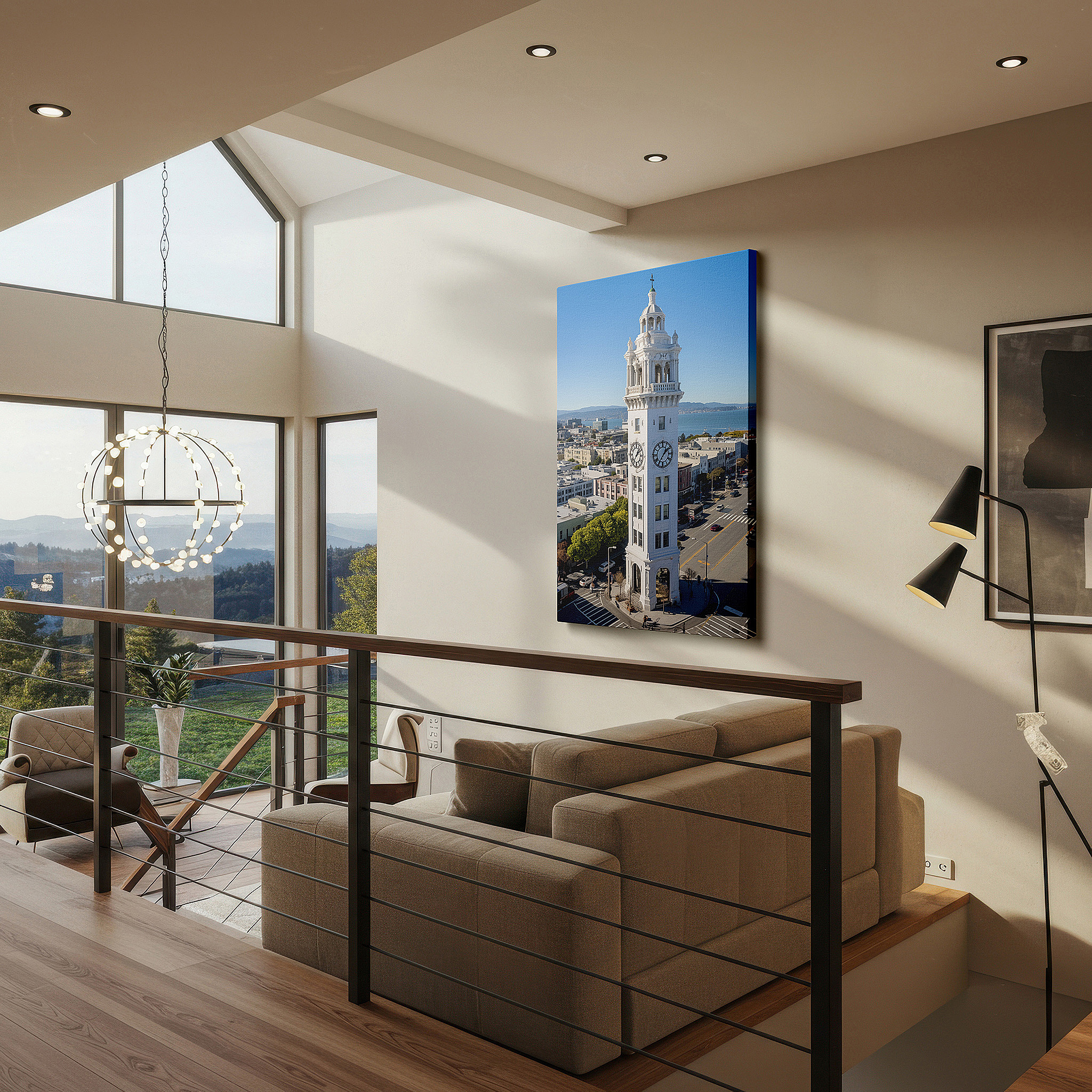 Balanced between two tall indoor plants near a window — san francisco clock tower canvas print - a historic and cultural icon for wall decor, suitable for office and bedroom