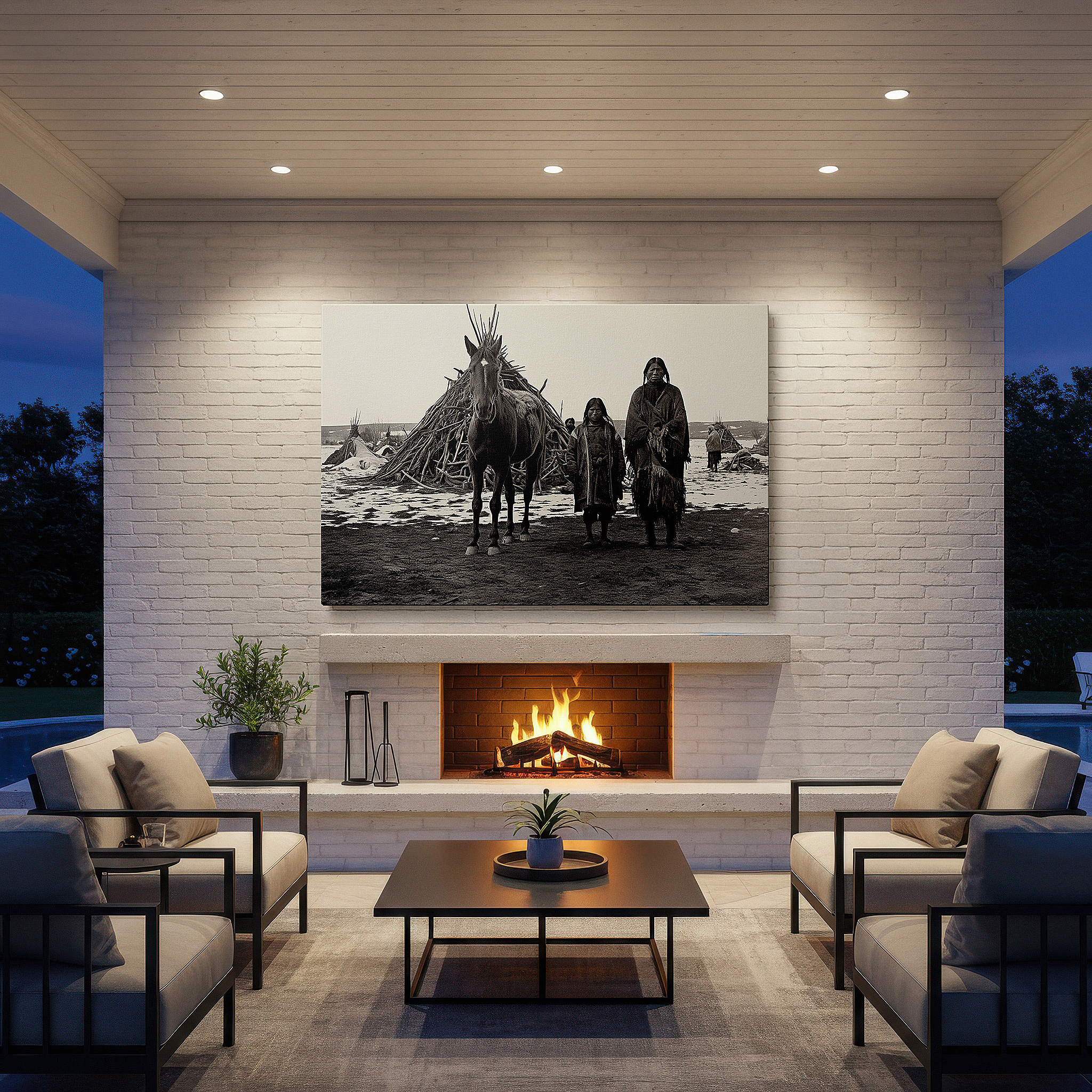 Balanced between two tall indoor plants near a window — sepia-toned canvas art featuring horses and wigwams: perfect for office or bedroom wall decor