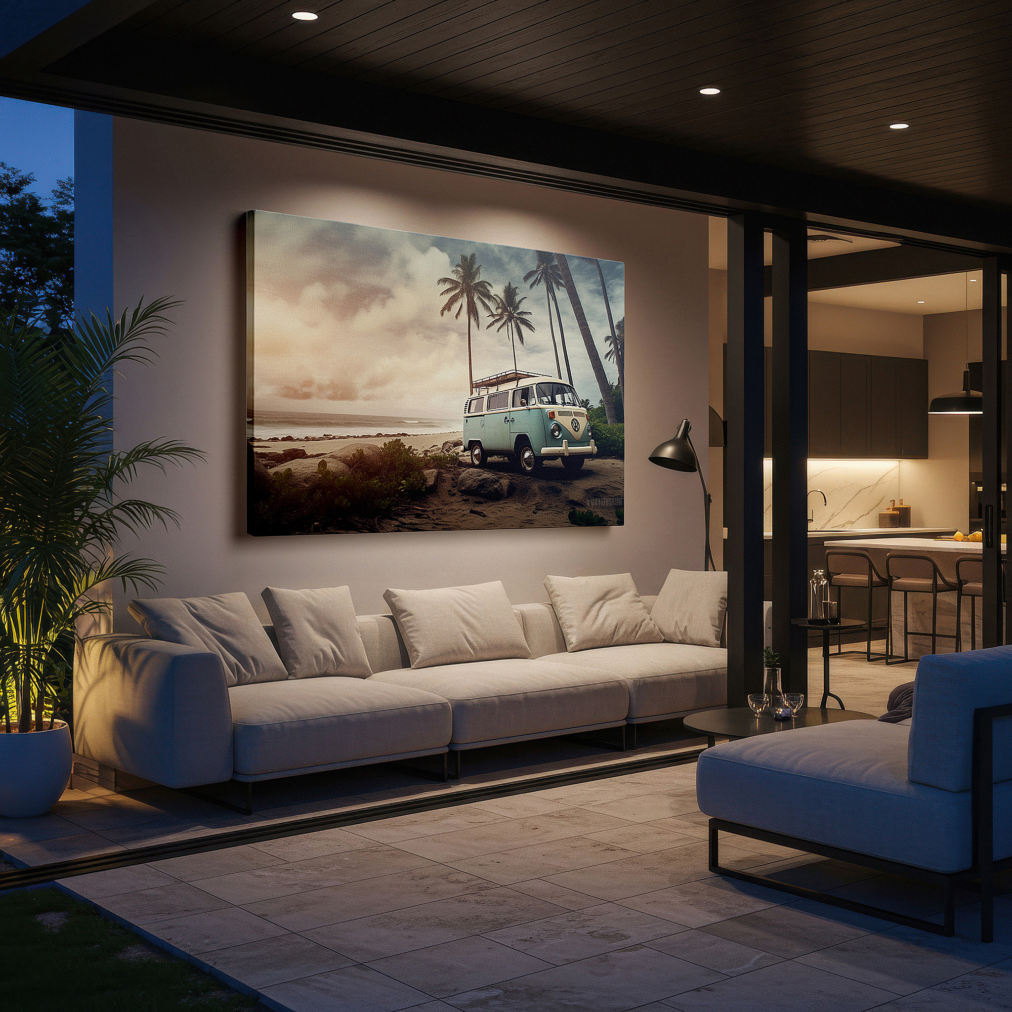 Balanced between two tall indoor plants near a window — serene beach retreat featuring classic vw van among palm trees and ocean waves - large wall art, canvas wall art, wall decor for office and bedroom