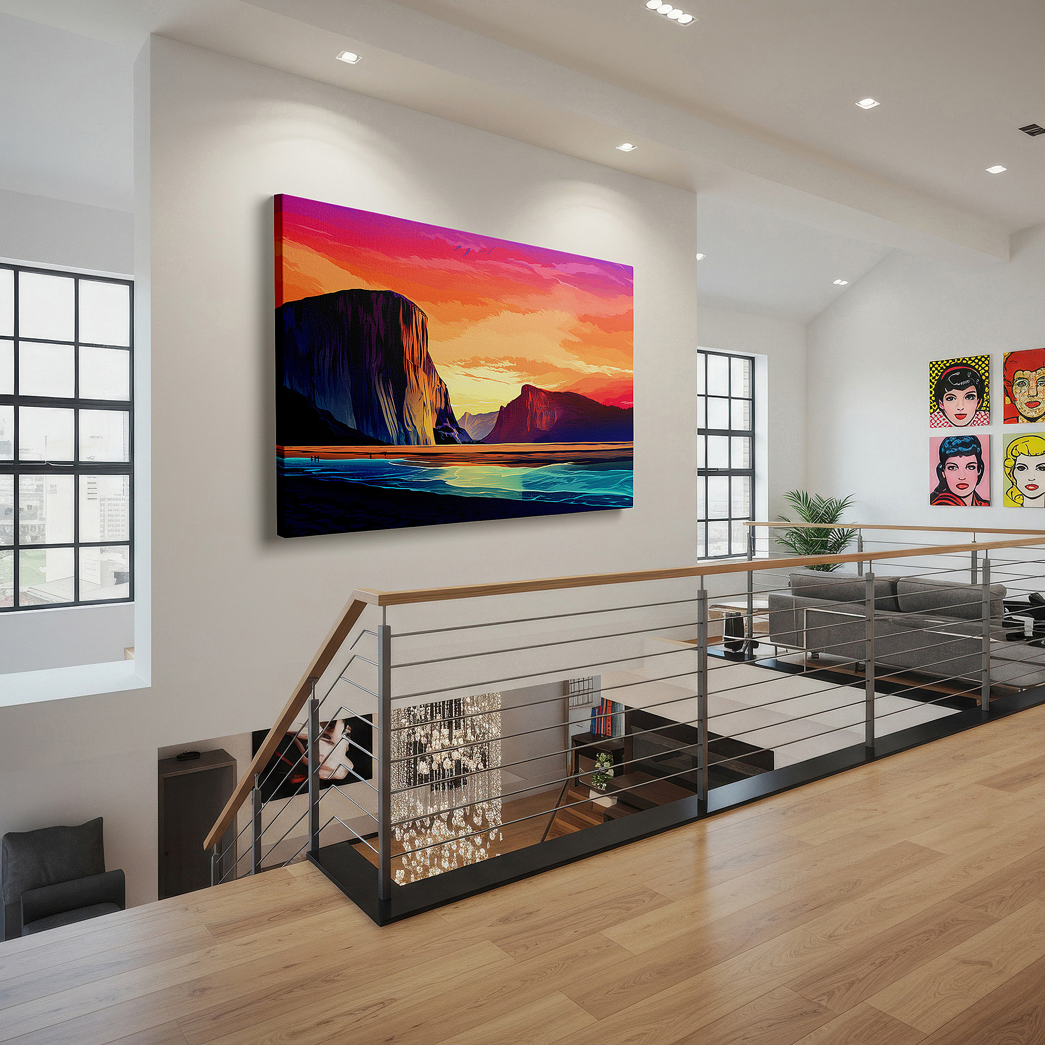Balanced between two tall indoor plants near a window — serene coastal sunset wall art: fiery skies and tranquil seas - large canvas for office, bedroom, and living room decor