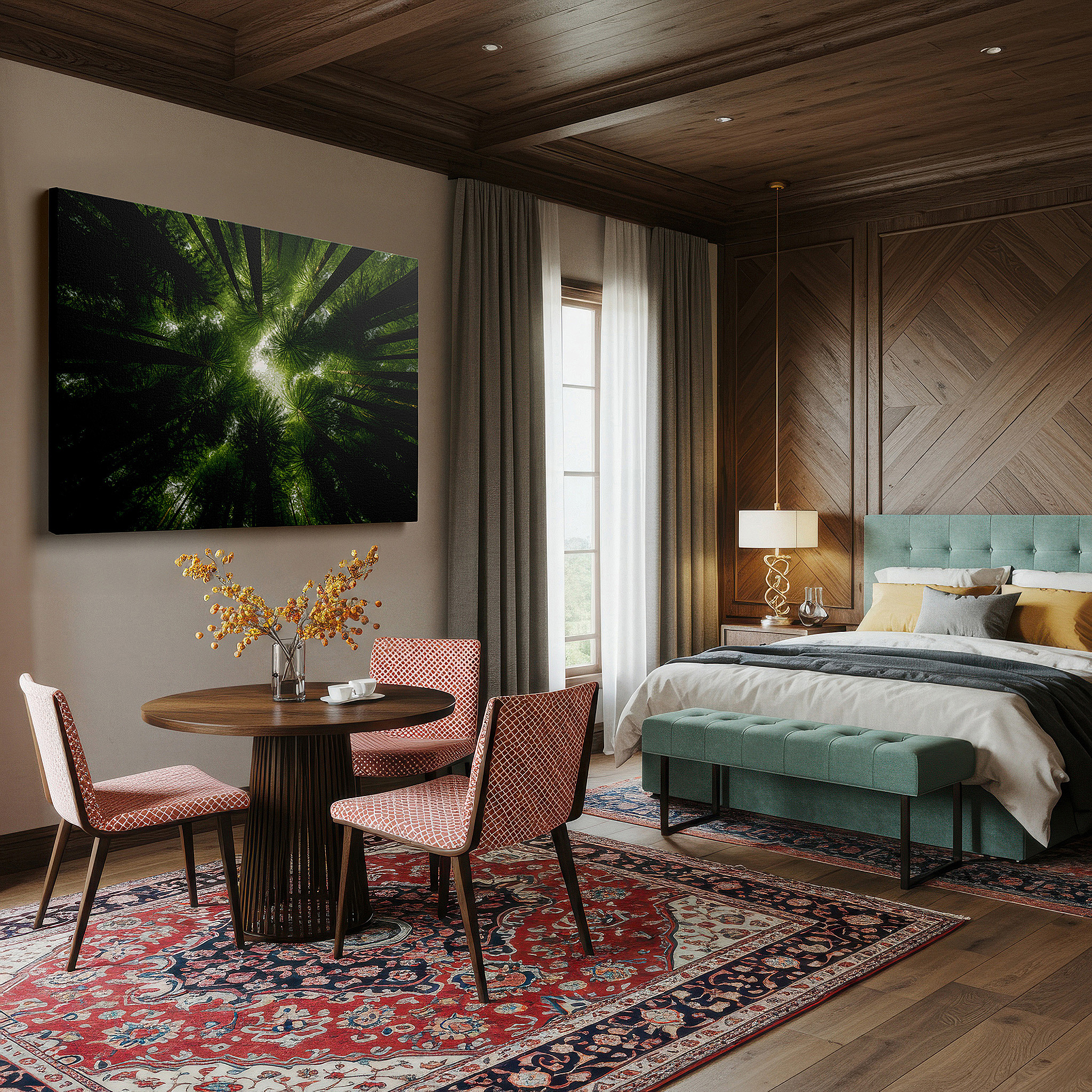 Balanced between two tall indoor plants near a window — serene forest canopy: tranquil views of lush greenery and radiant skies - large canvas wall art for home and office decor