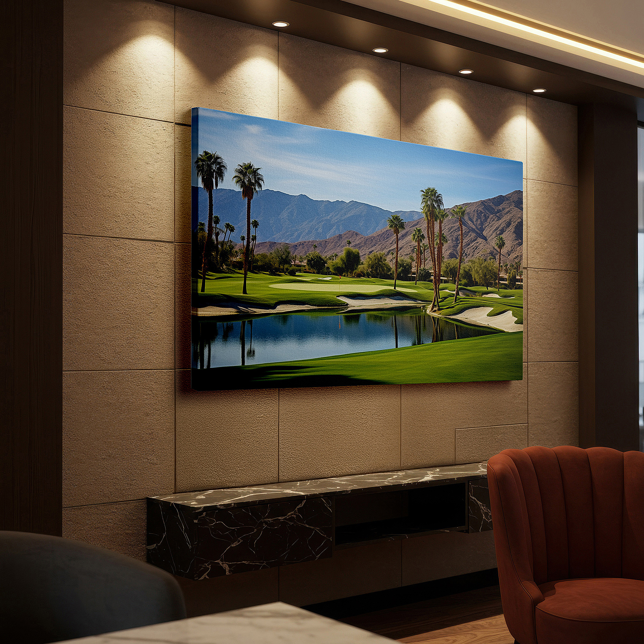 Balanced between two tall indoor plants near a window — serene greens and active sports merge in a vibrant golf course oasis: large wall art, canvas wall art, wall decor for office and bedroom