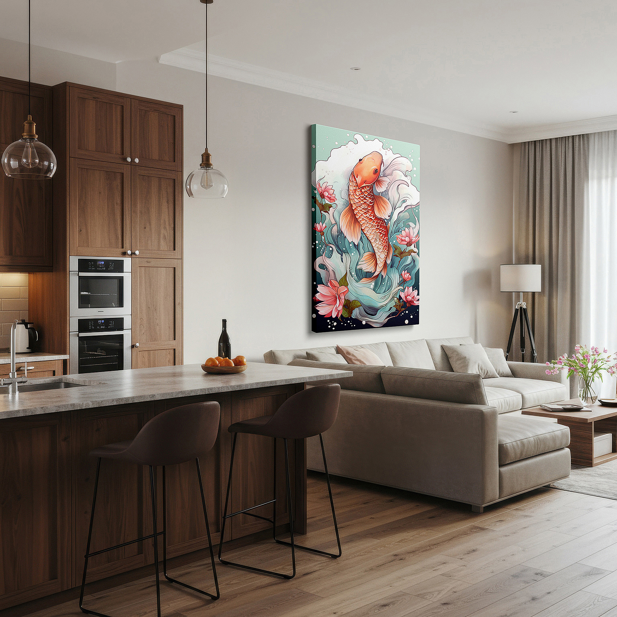 Balanced between two tall indoor plants near a window — serene koi fish with swirling waters and delicate blossoms large canvas wall art for office and bedroom decor