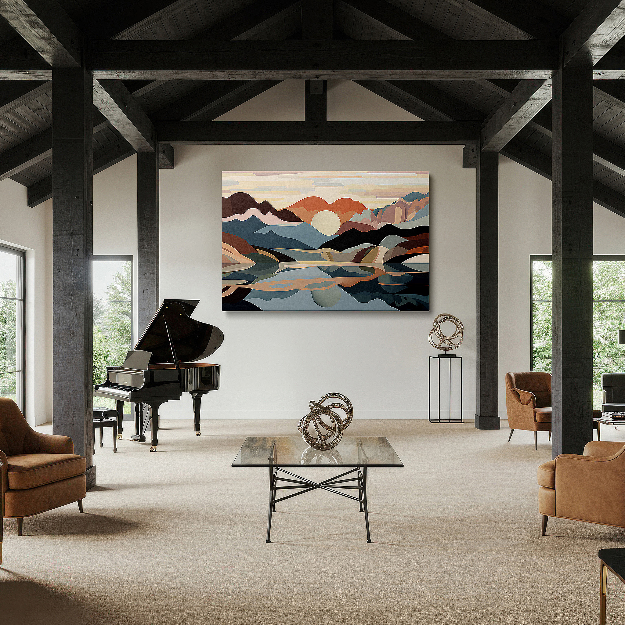 Balanced between two tall indoor plants near a window — serene landscape canvas with reflective waters and warm hues, large wall art for office, bedroom, and living room decor