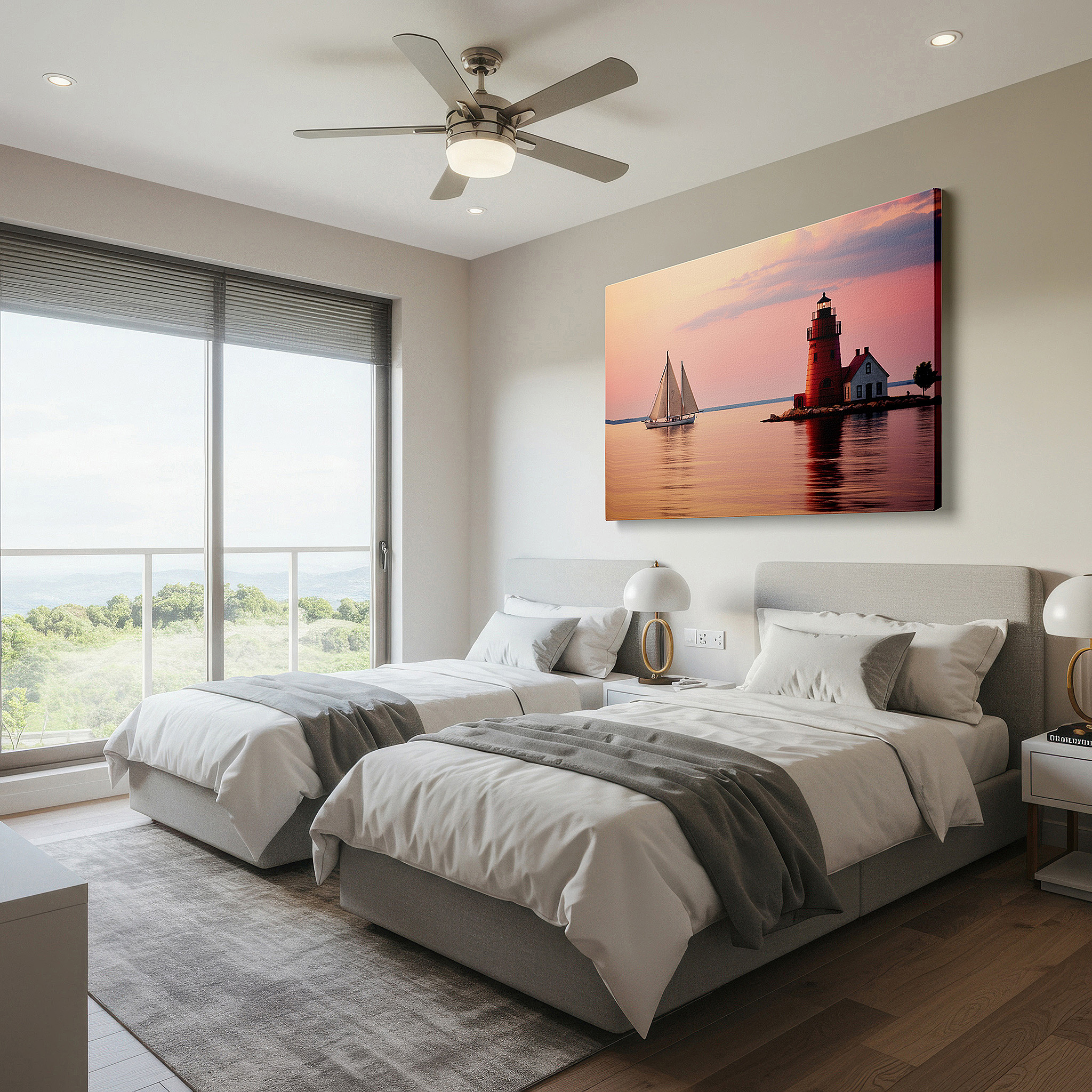 Balanced between two tall indoor plants near a window — serene maritime canvas art featuring red lighthouse and sailboat at twilight - large wall decor for office and bedroom