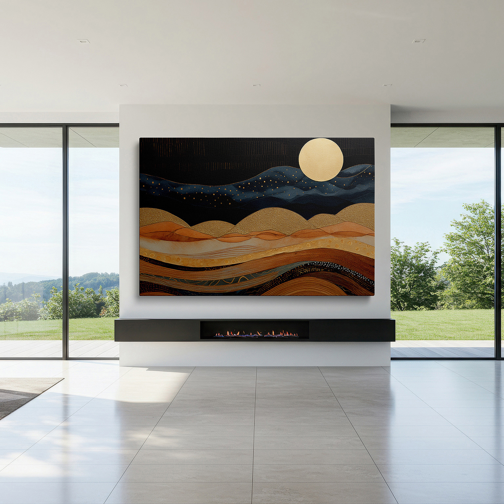 Balanced between two tall indoor plants near a window — serene mountain vista with golden moon, peaceful haven in gentle pastels, large canvas wall art for home and office decor
